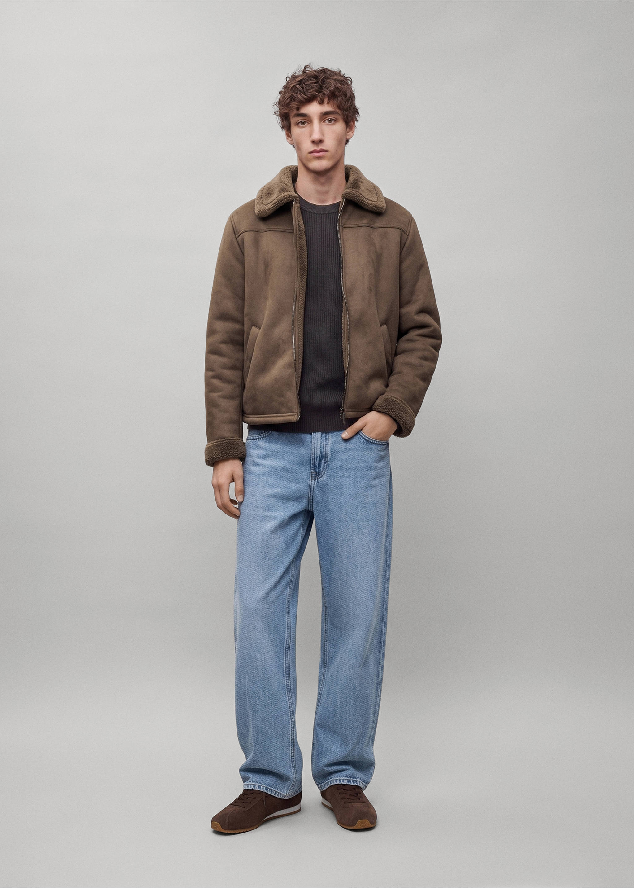 Brown faux-suede coat with a faux-shearling collar and cuffs, worn over a dark jumper and blue jeans., Brown. Ref: 37068283-00.