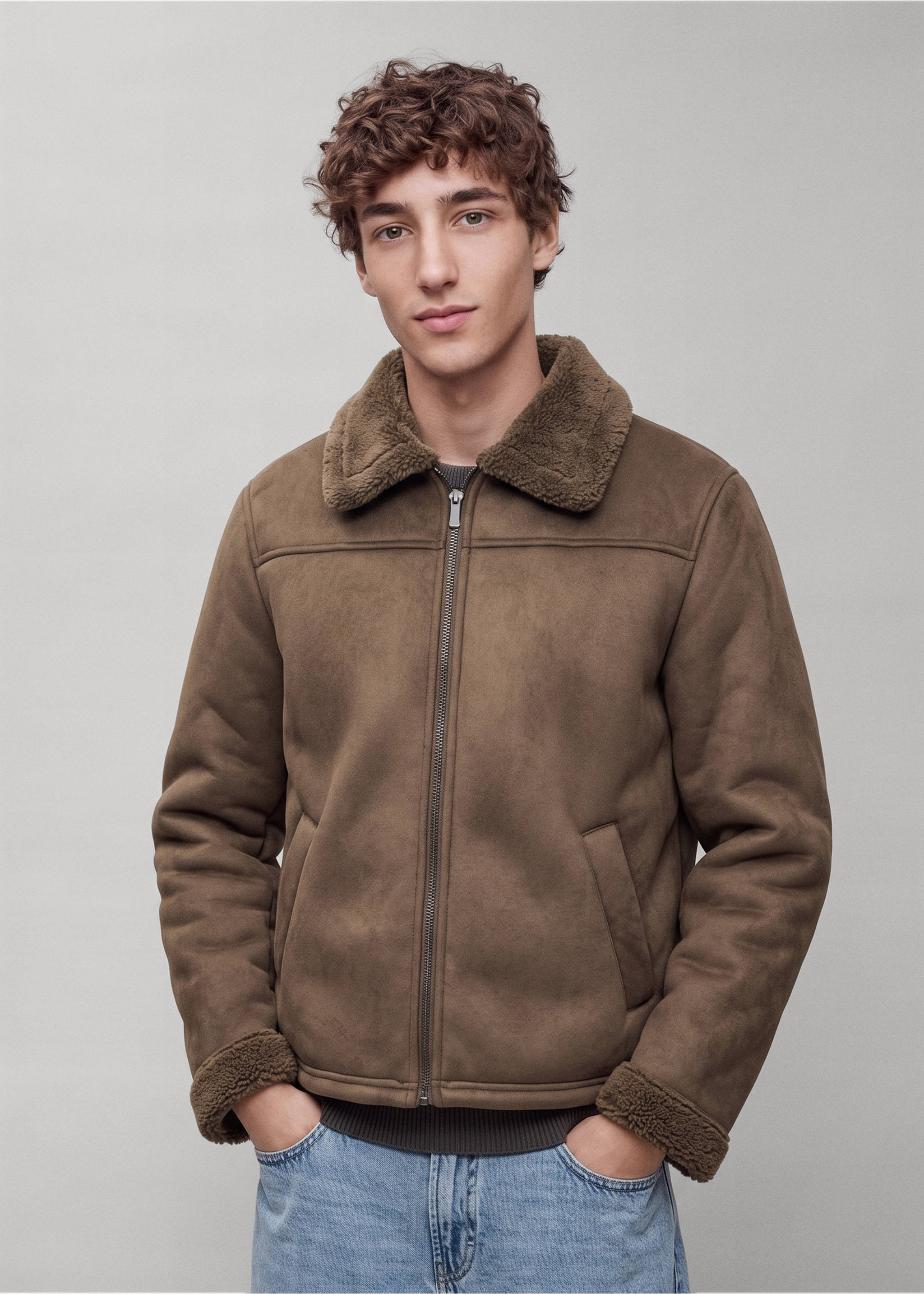 Brown zip-up faux-shearling coat with a wide lapel collar and matching cuffs., Brown. Ref: 37068283-00.
