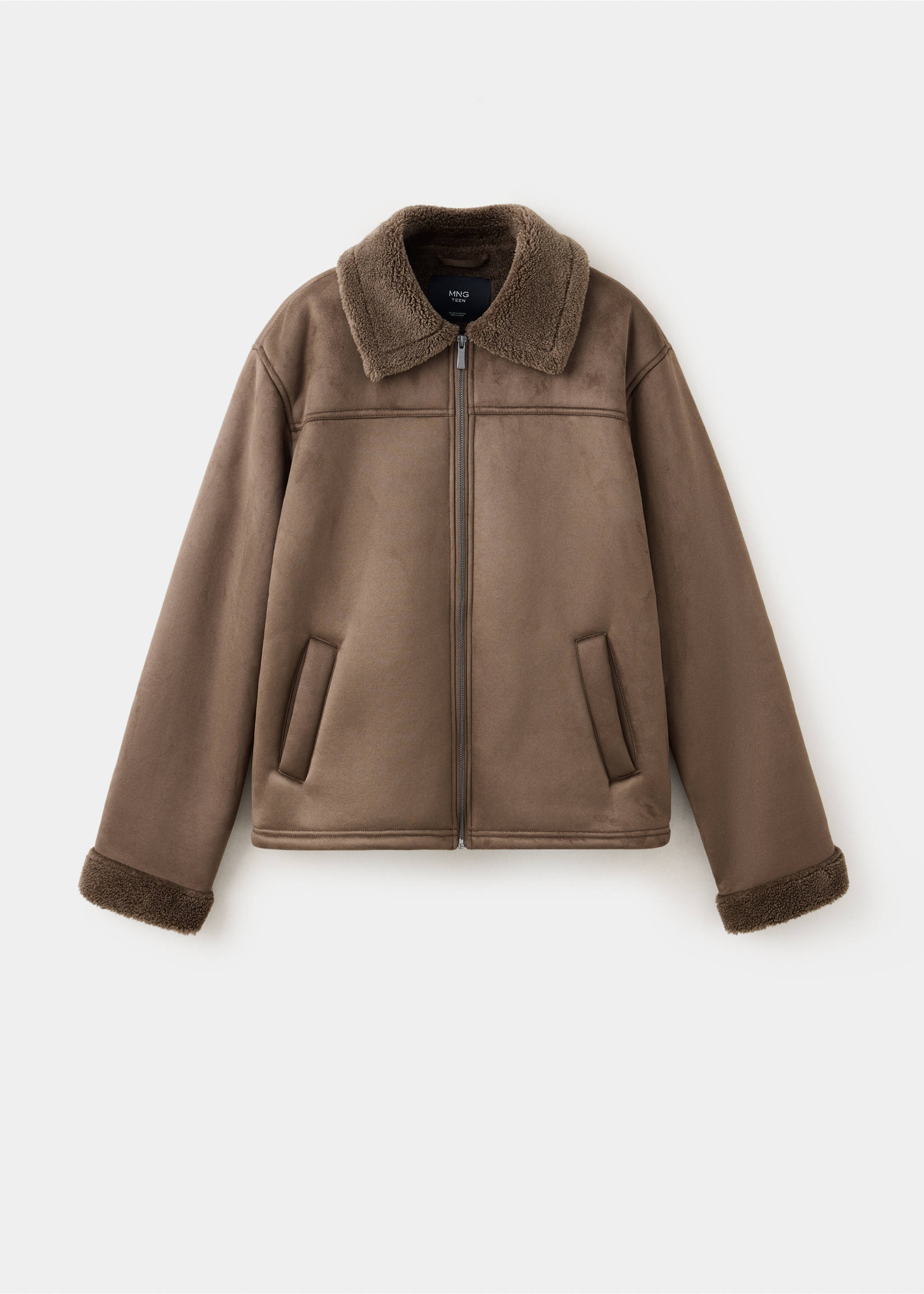 Brown faux-suede coat with faux-shearling collar, zip fastening, and cuffs., Brown. Ref: 37068283-00.
