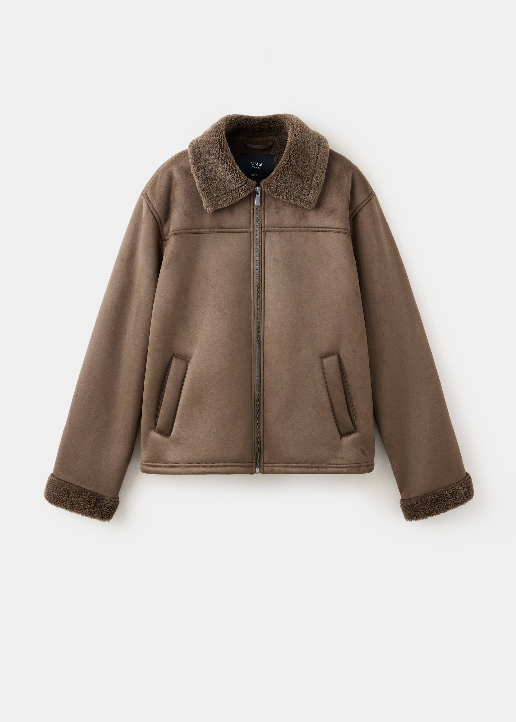 Brown faux-suede coat with faux-shearling collar, zip fastening, and cuffs.