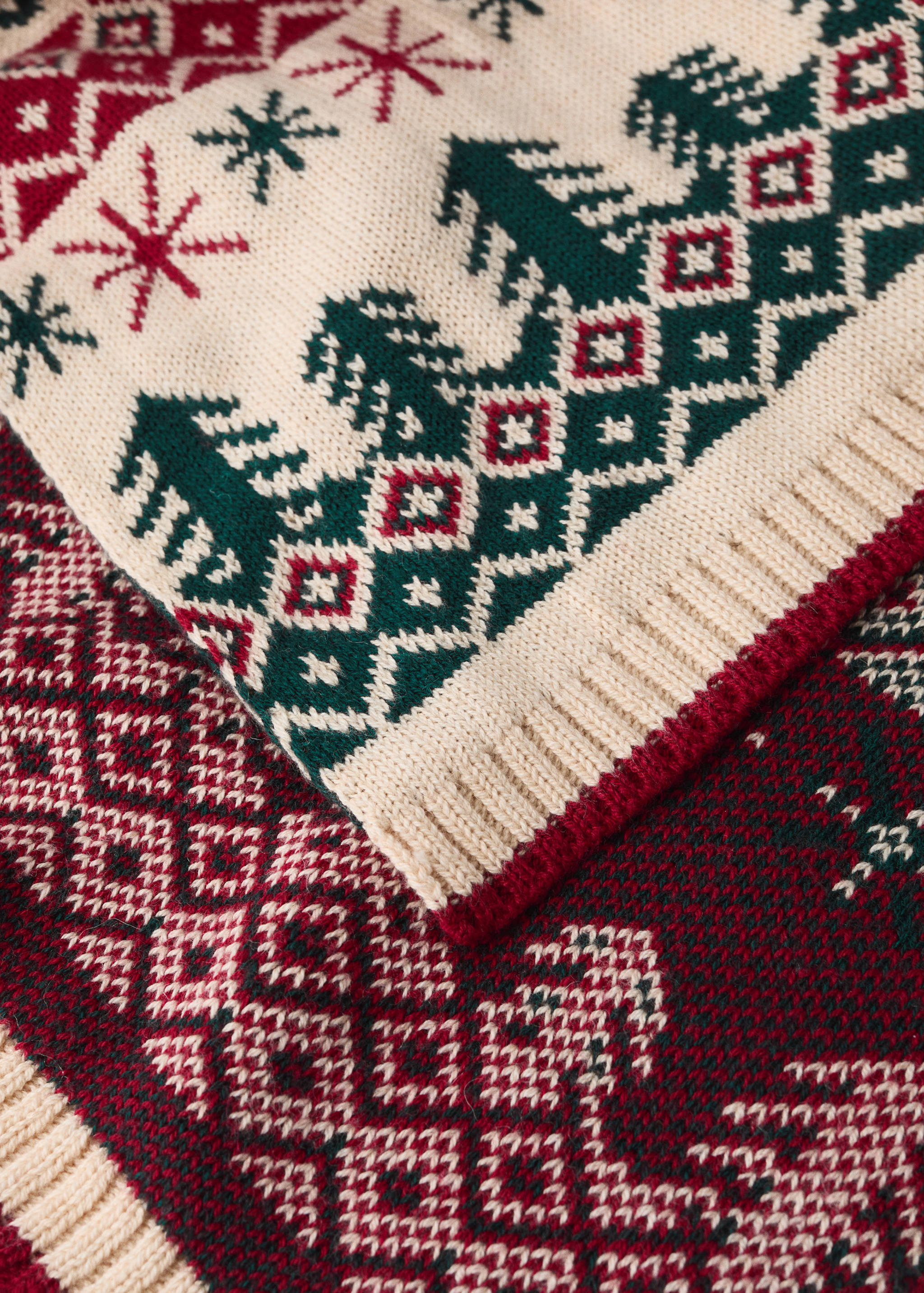 Close-up of a Christmas jacquard knit blanket with festive tree and snowflake motifs.