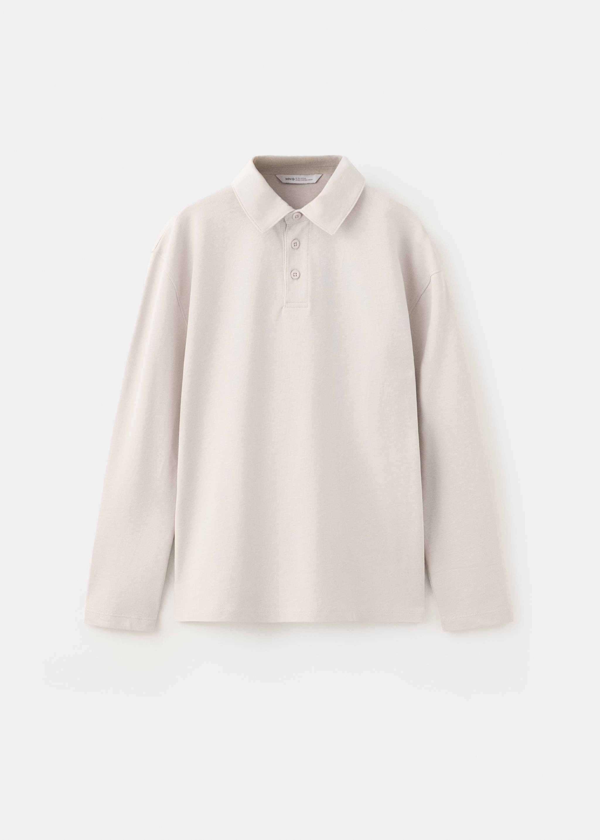Light beige long-sleeved polo shirt with a button placket and collar.