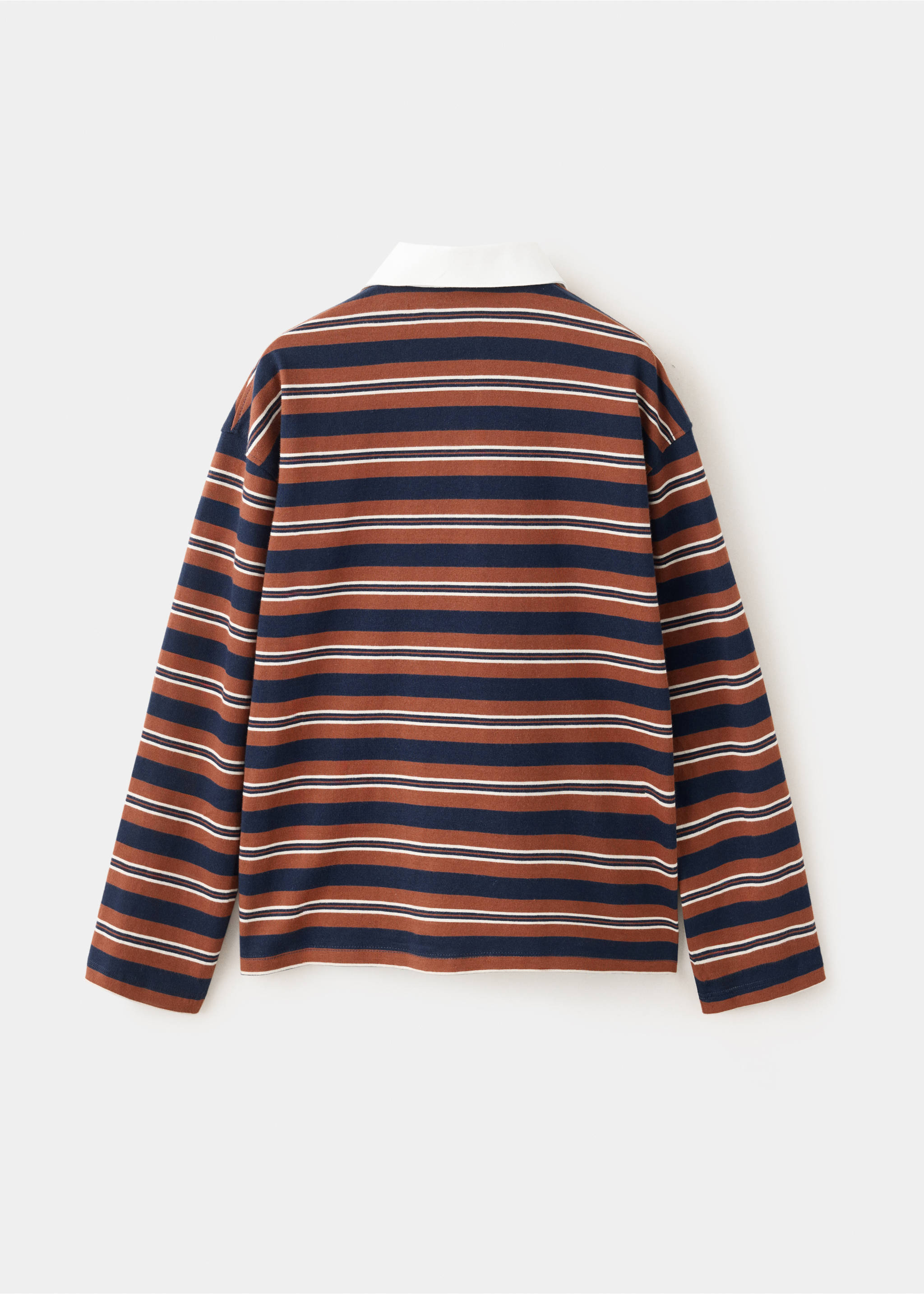 Kids' striped long-sleeve polo shirt in navy and rust brown, back view., Russet. Ref: 37068633-00.
