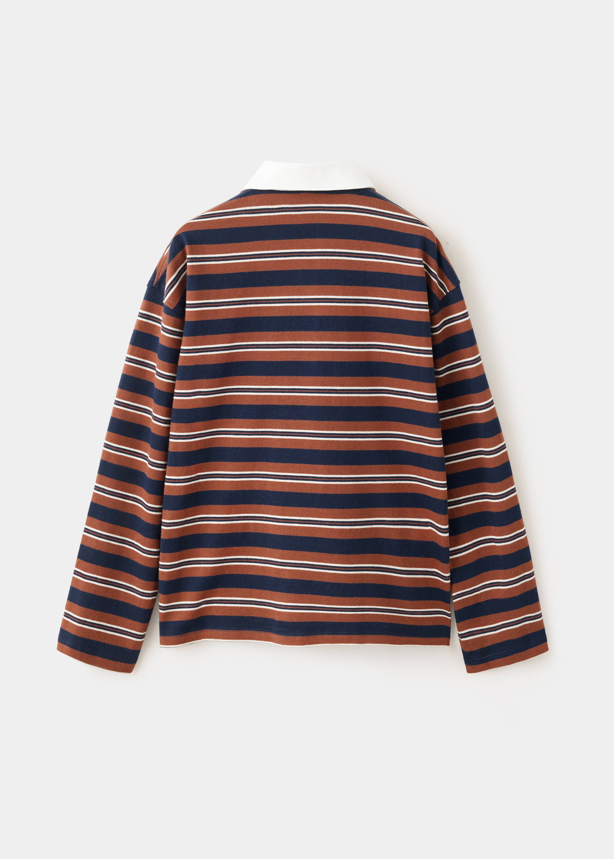 Kids' striped long-sleeve polo shirt in navy and rust brown, back view.