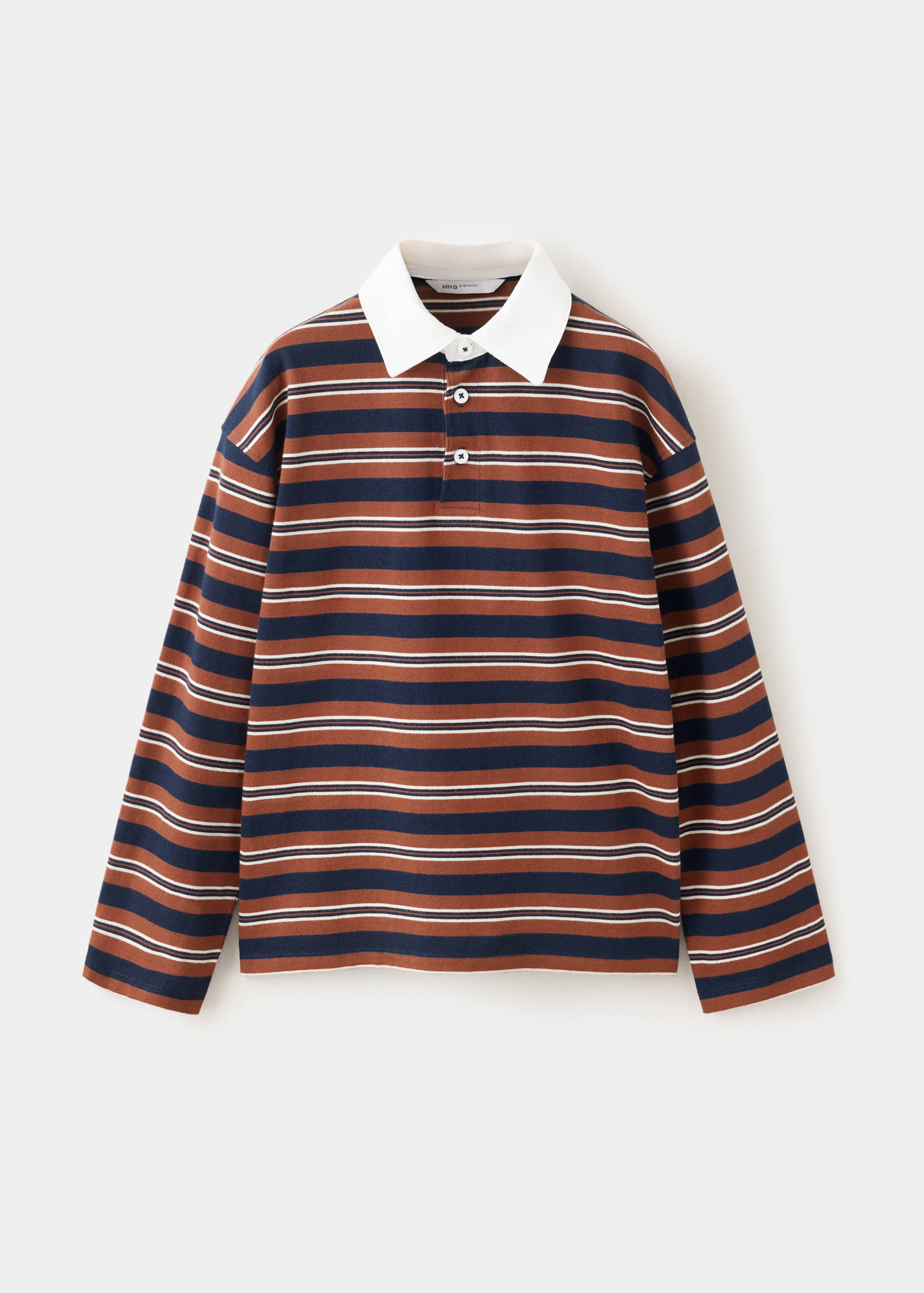 Striped long-sleeve polo shirt with a contrasting white collar.