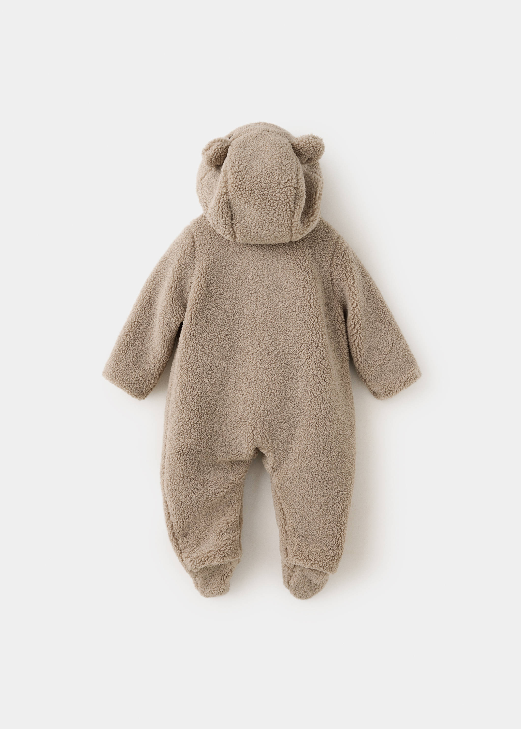 Taupe faux-shearling baby coat with hood and bear ears, back view.