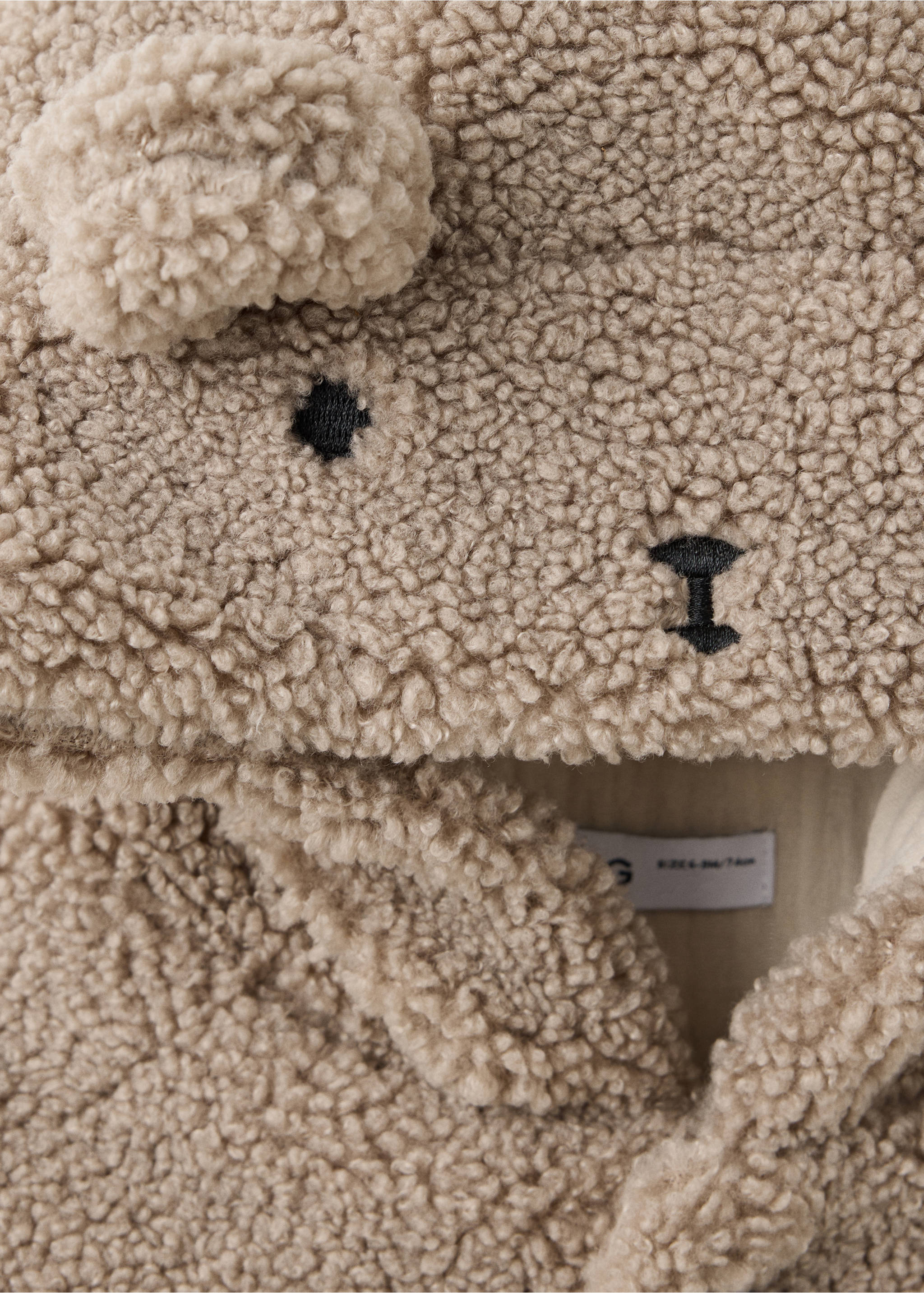 Beige faux-shearling children's coat hood with embroidered animal face., Medium Brown. Ref: 37068635-00.