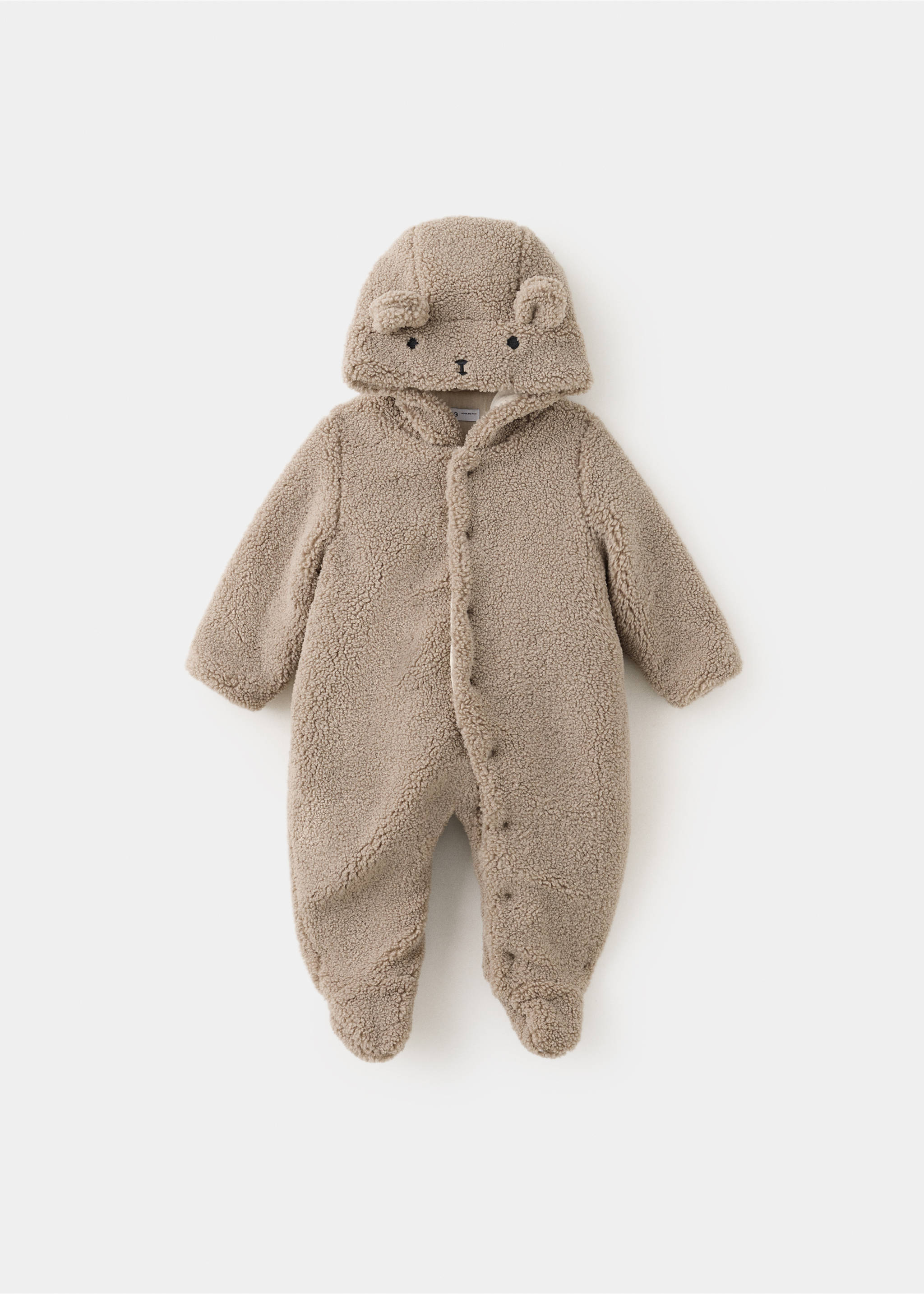 Beige fleece baby overall with hood, bear ears, and snap fastening., Medium Brown. Ref: 37068635-00.