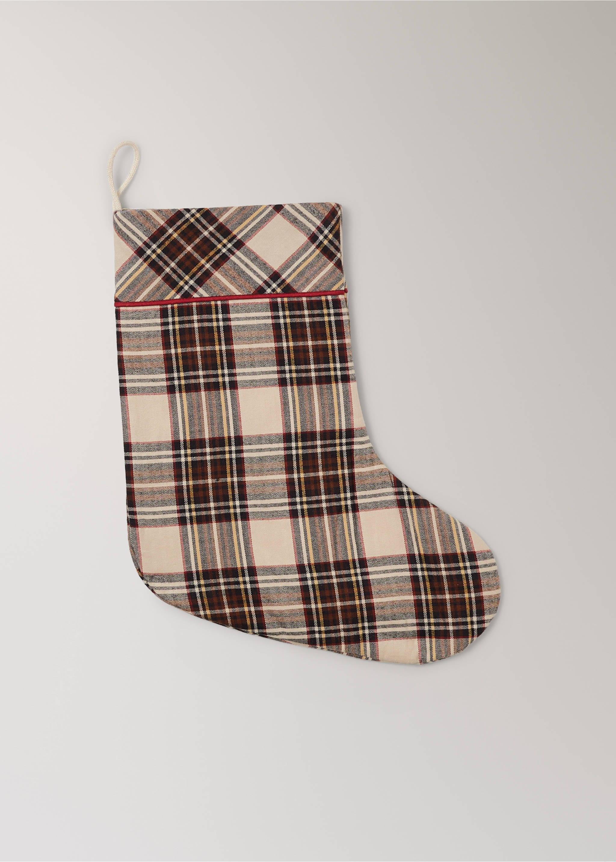 Plaid Christmas stocking in beige and dark brown with red piping., Red. Ref: 37068636-00.