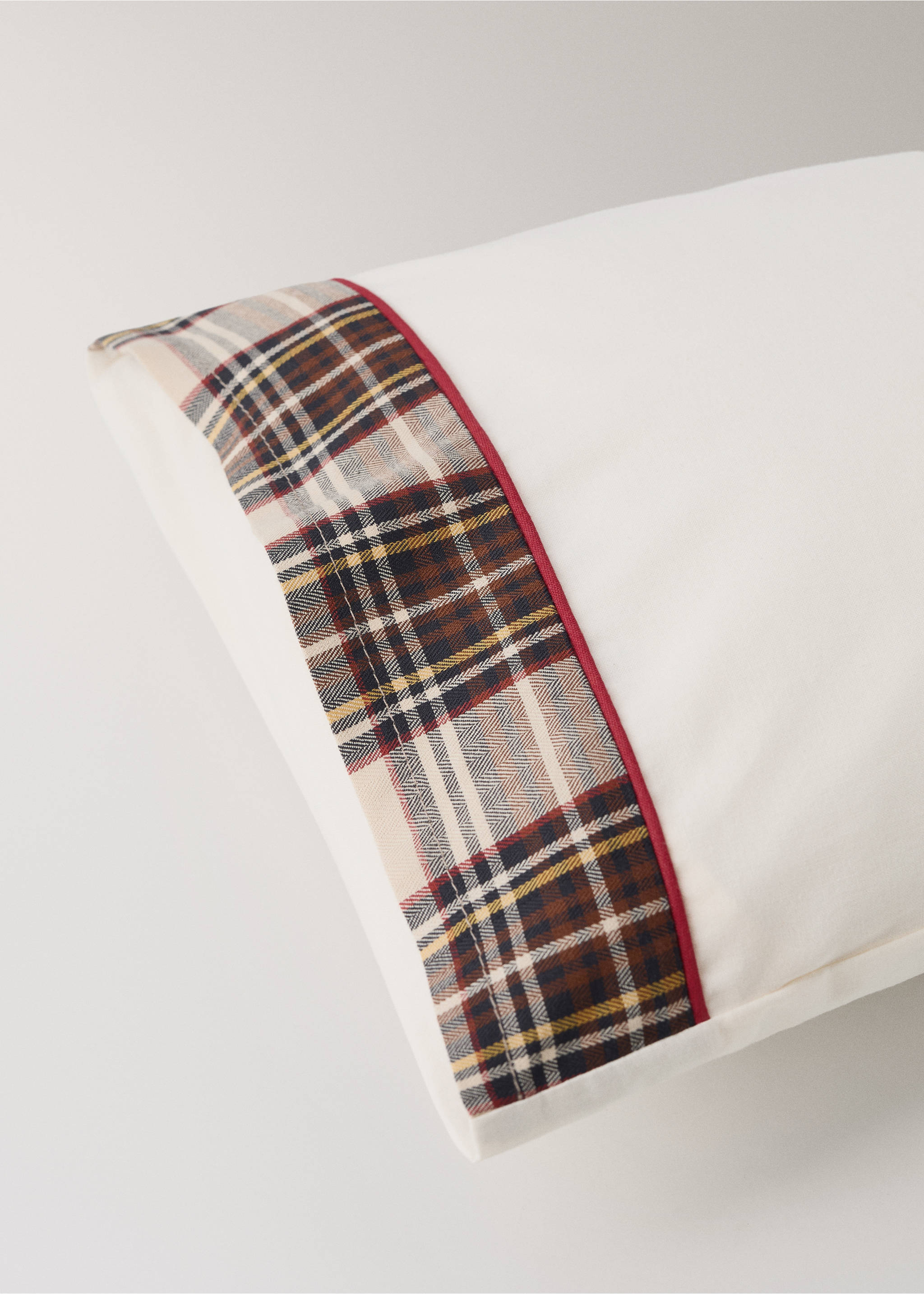 Off-white cot pillowcase with a tartan plaid panel and red piping., Red. Ref: 37068638-00.