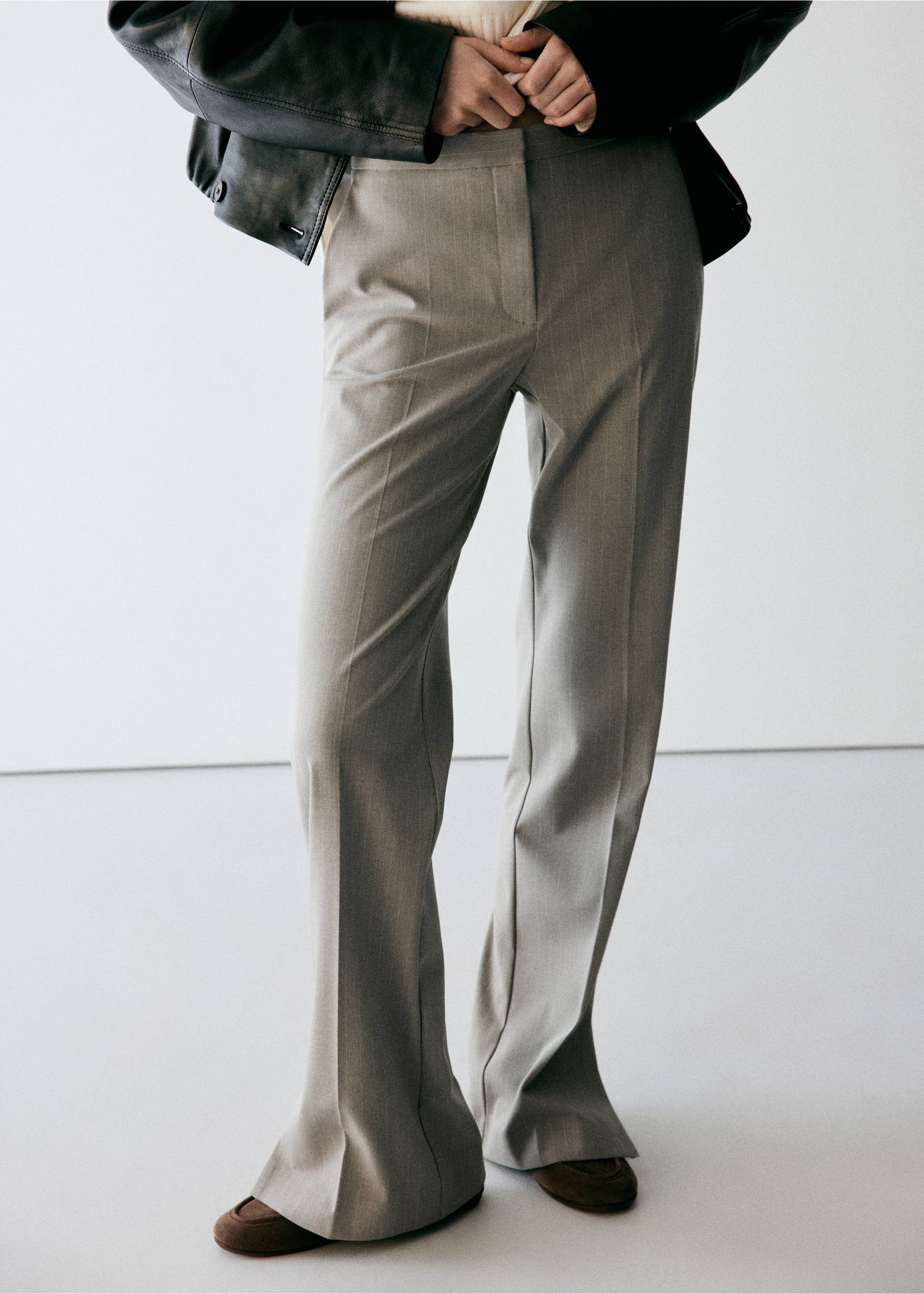 Grey trousers with pressed center creases., Medium Brown. Ref: 37068639-00.