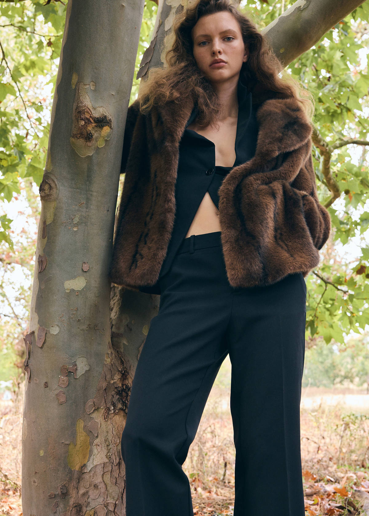 Faux-fur coat with lapels — Brown