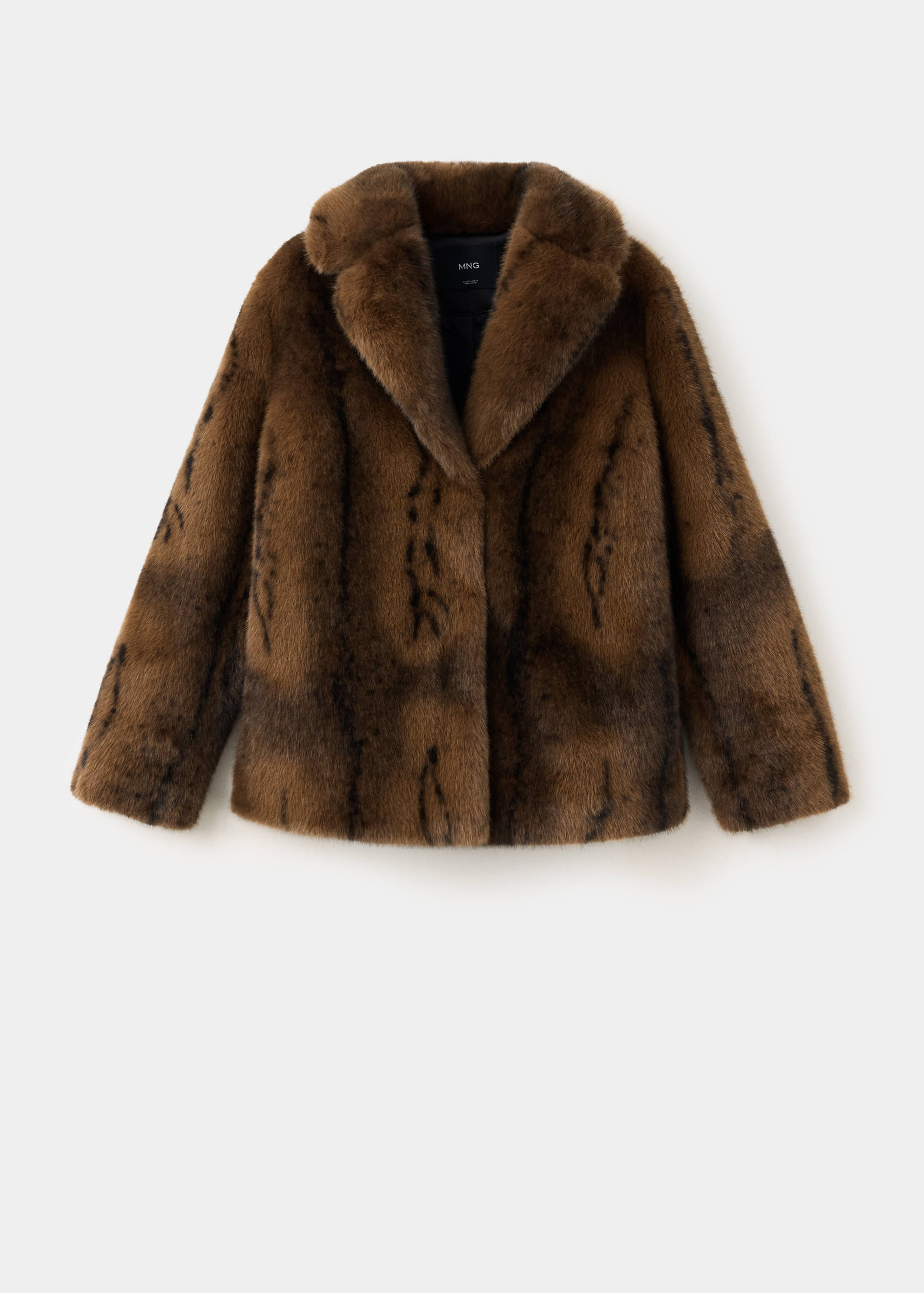Brown faux-fur coat with a wide lapel collar and short silhouette.
