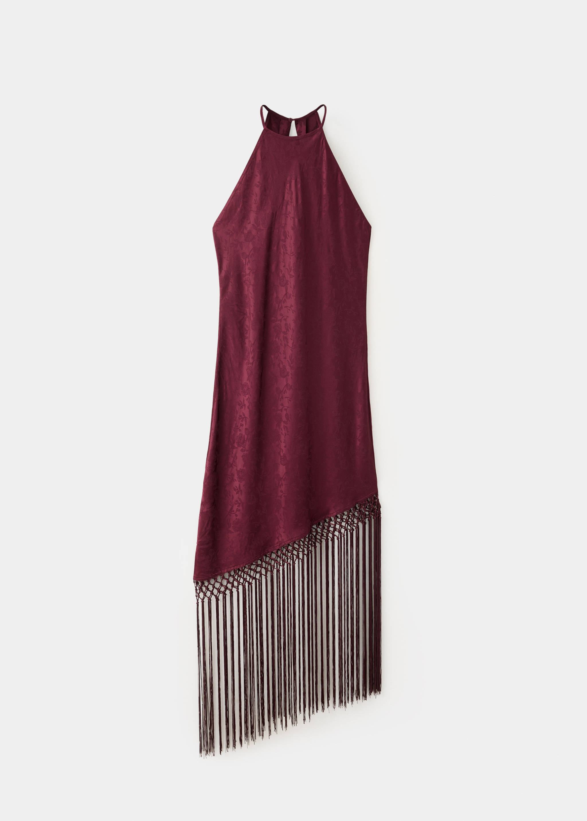 Burgundy halter dress with a subtle jacquard pattern and an asymmetrical macramé fringe hem.
