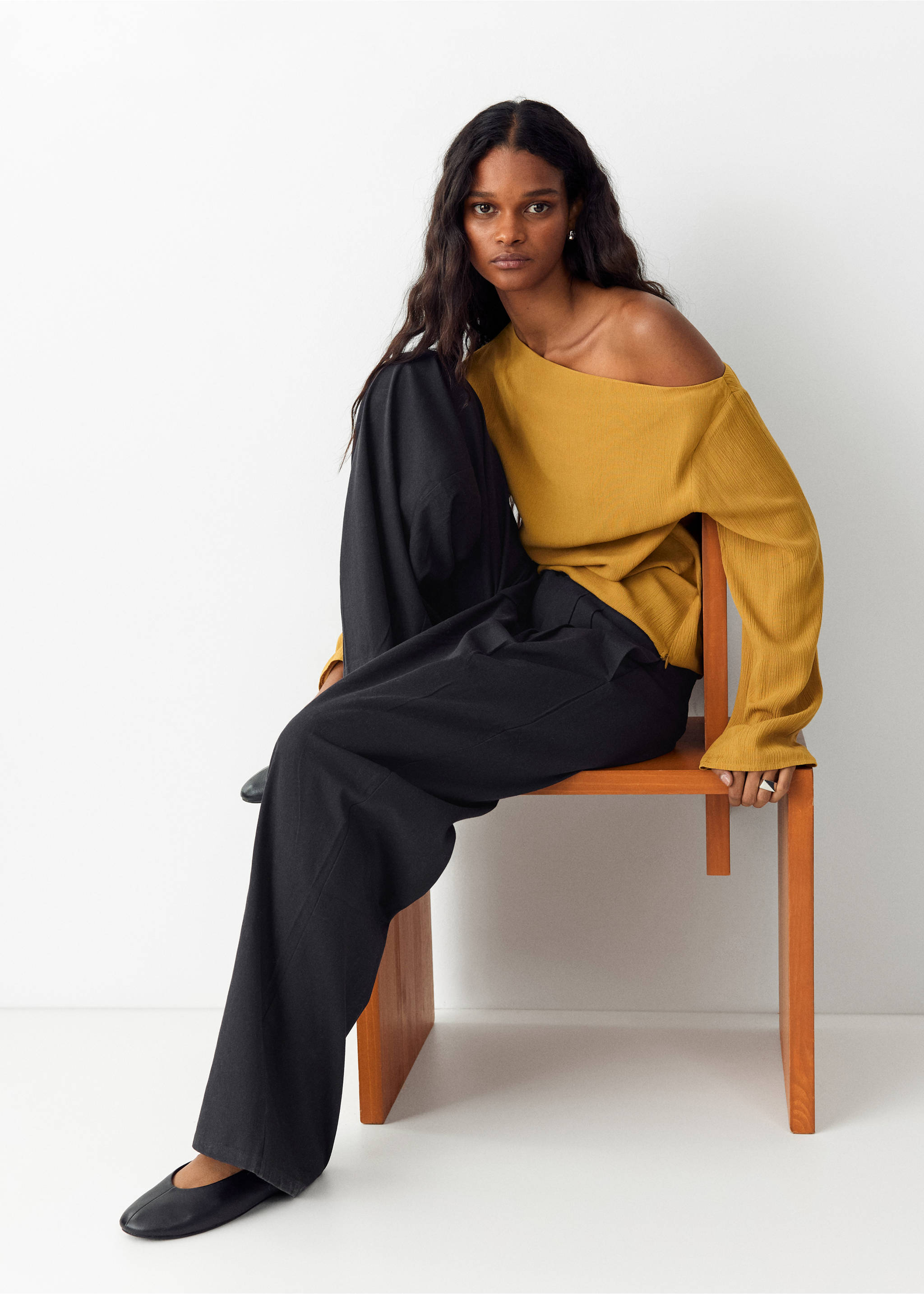 Black wide-leg trousers worn by a seated model in a yellow off-the-shoulder top., Navy. Ref: 37069116-00.