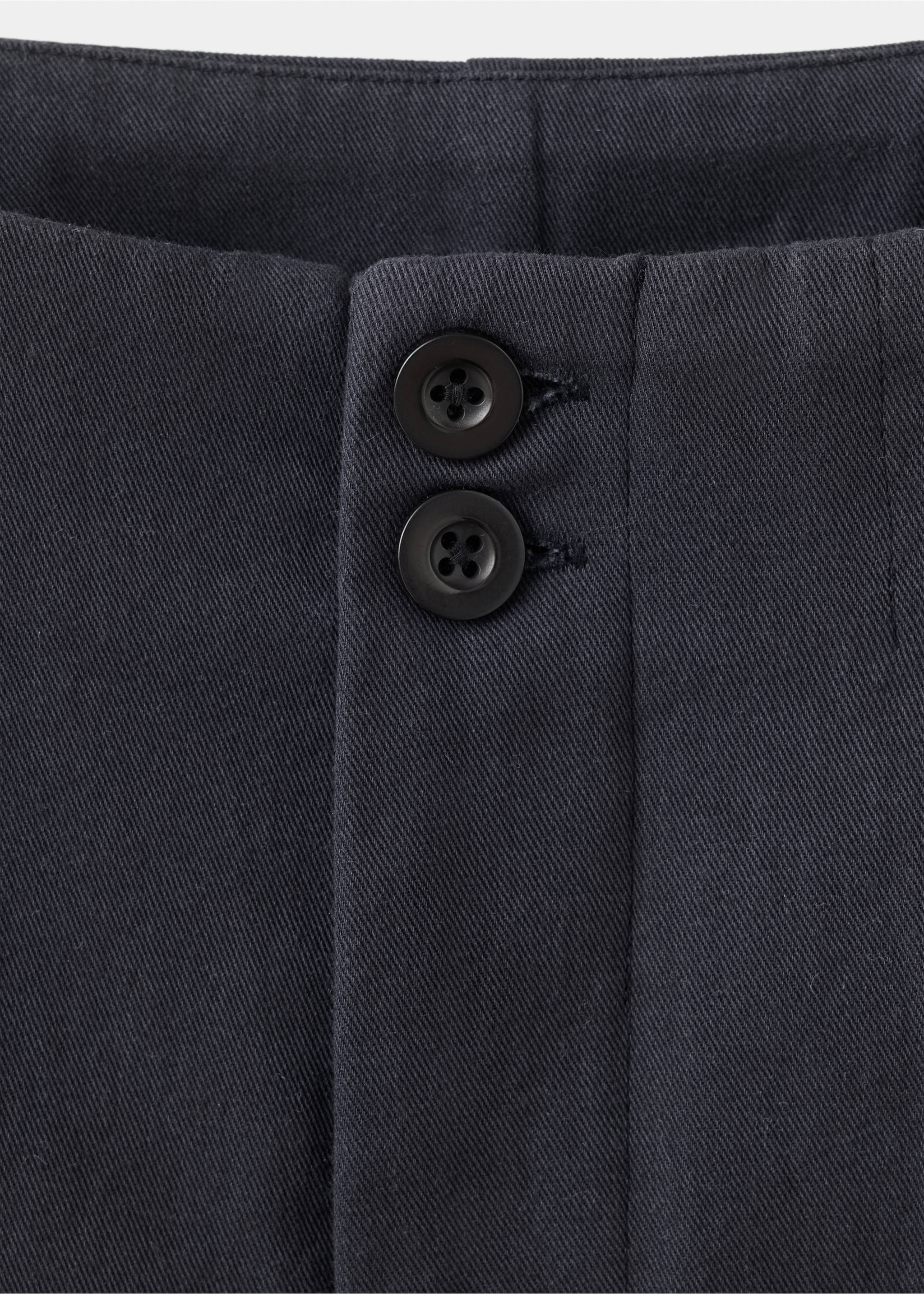Close-up of dark grey trousers waistband with double-button closure., Navy. Ref: 37069116-00.
