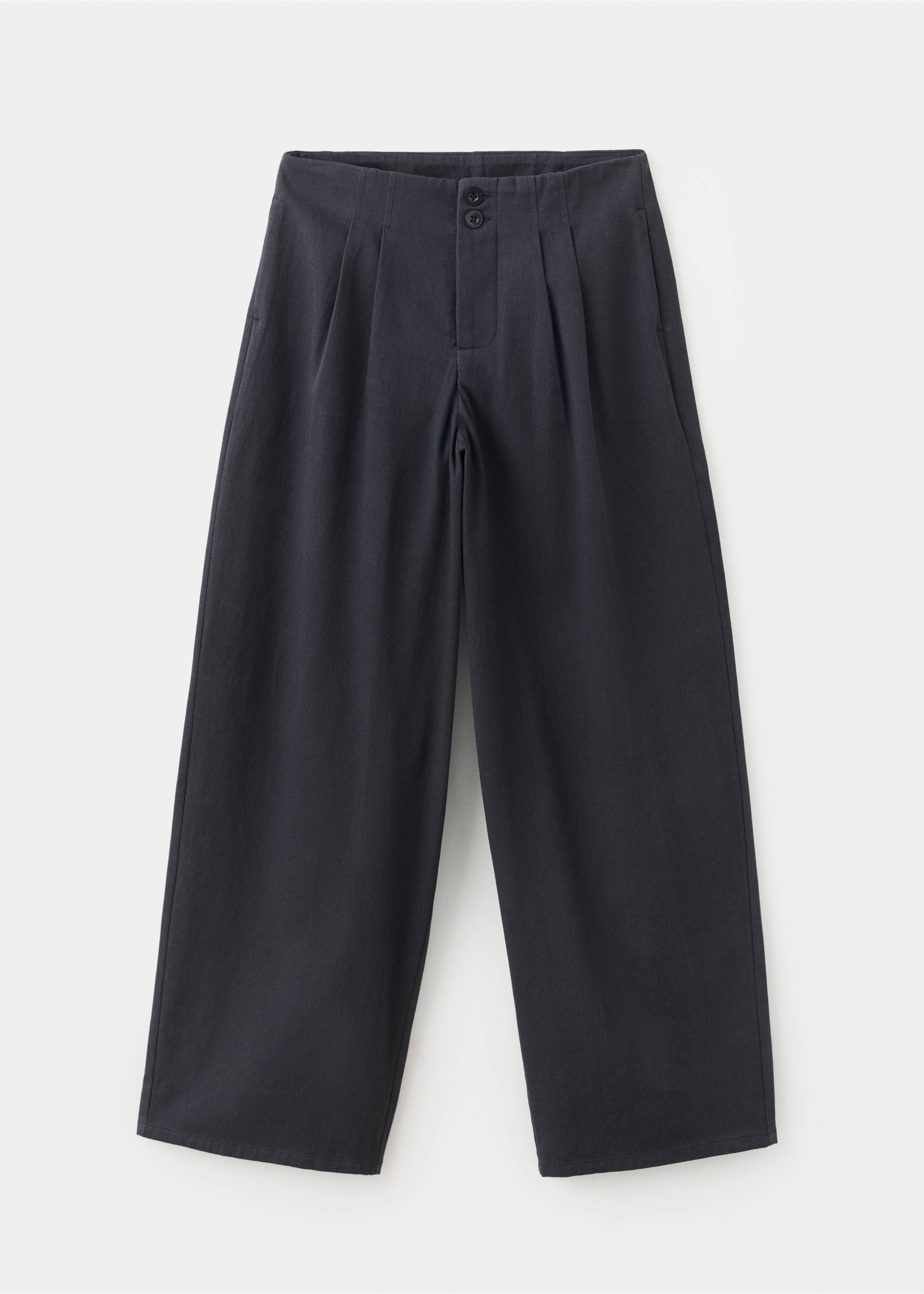 Dark grey high-waist pleated wide trousers in a still life view., Navy. Ref: 37069116-00.