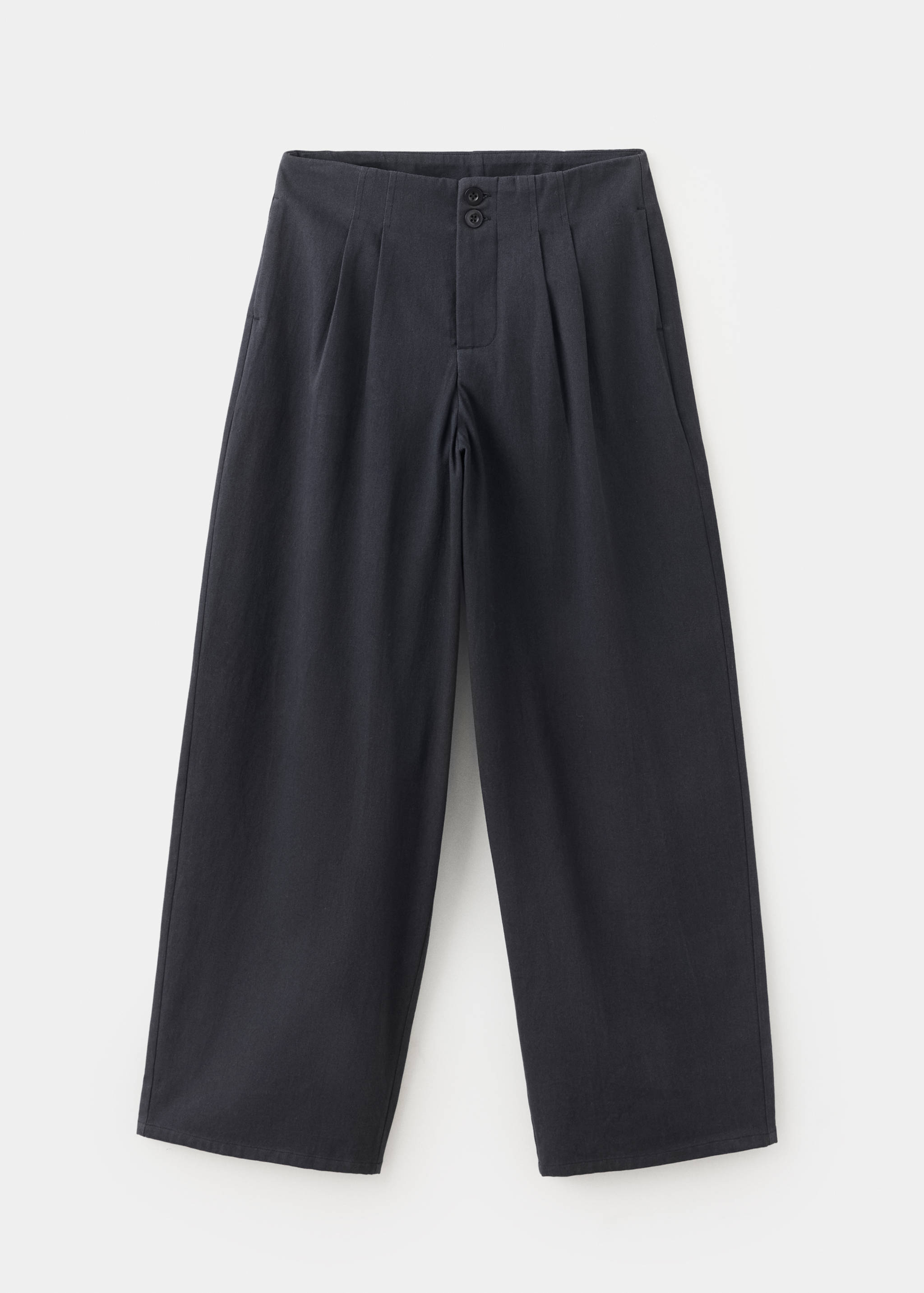 Dark grey high-waist pleated wide trousers in a still life view.