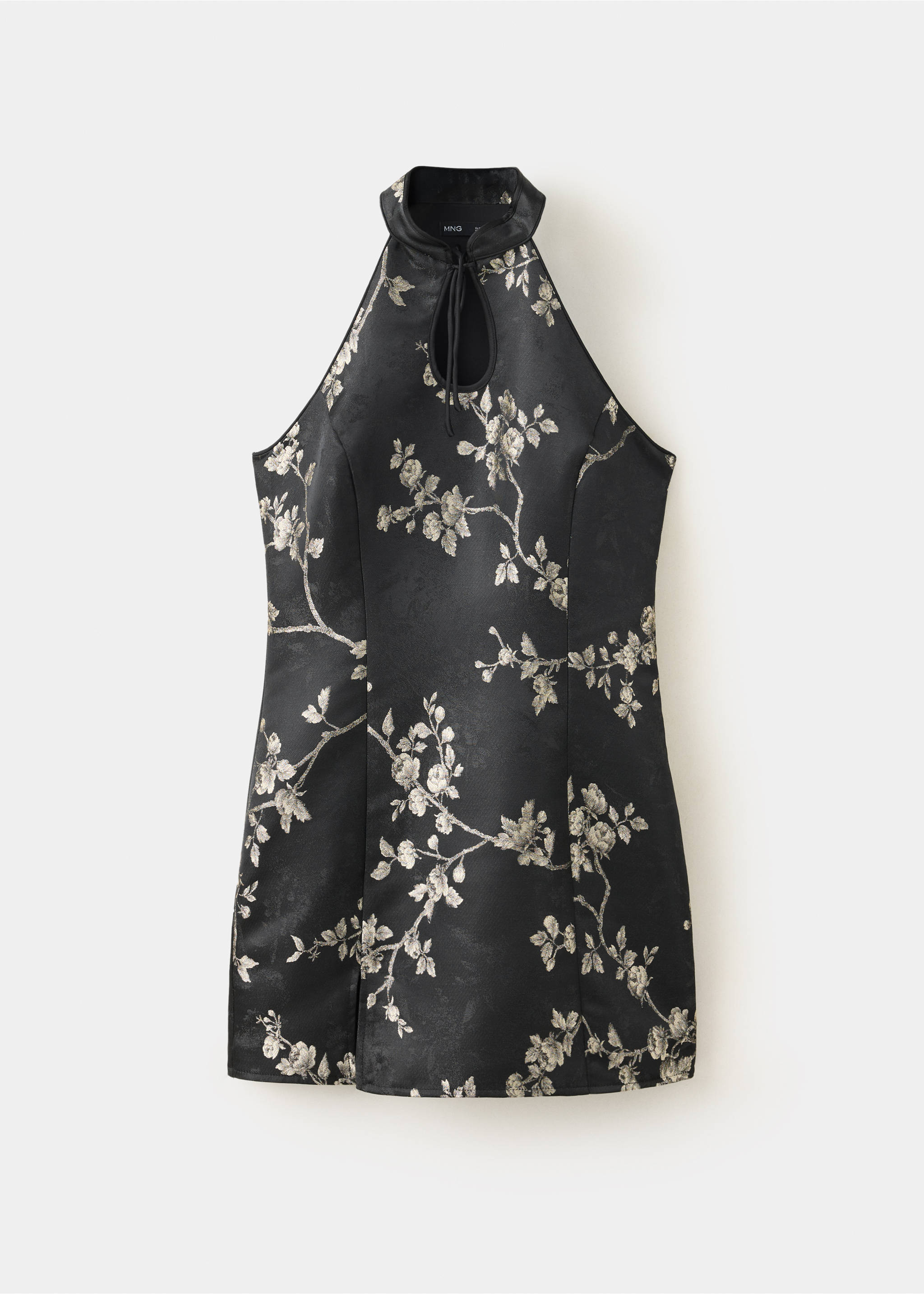 Black floral satin mini dress with a high collar and keyhole tie cutout., Black. Ref: 37069117-00.