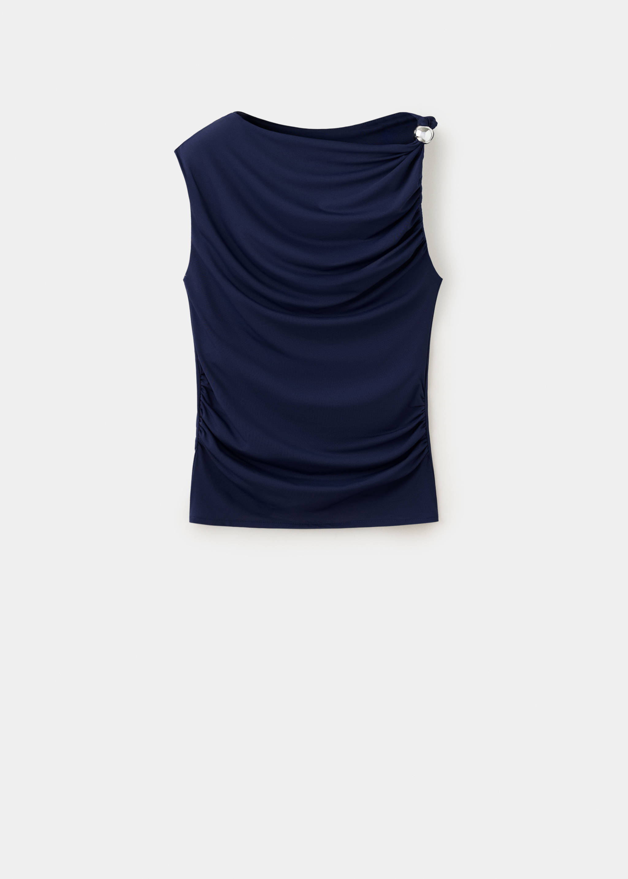 Navy blue sleeveless draped top with a metallic shoulder button.