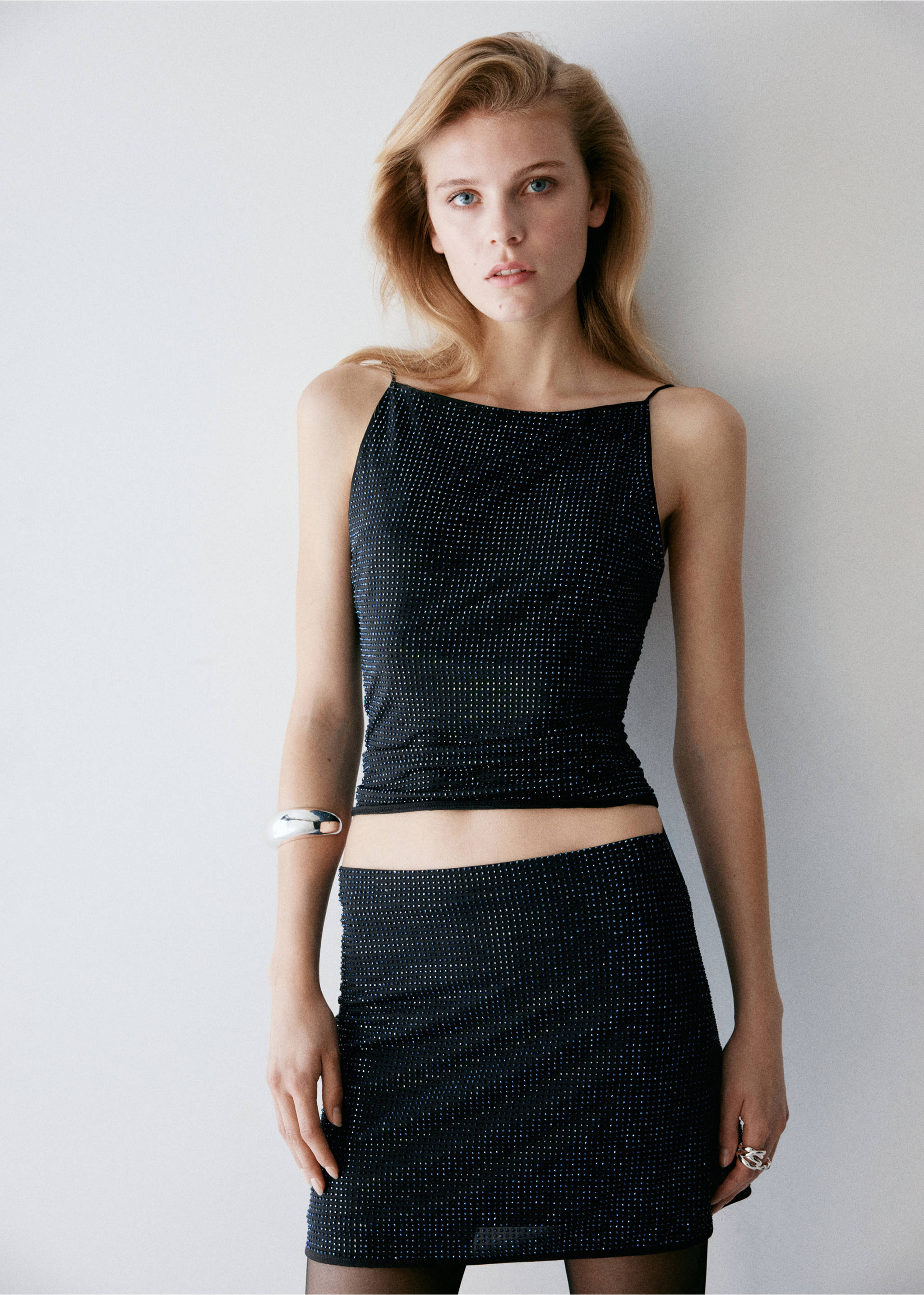 Black rhinestone spaghetti-strap crop top with a straight neckline., Black. Ref: 37069119-00.
