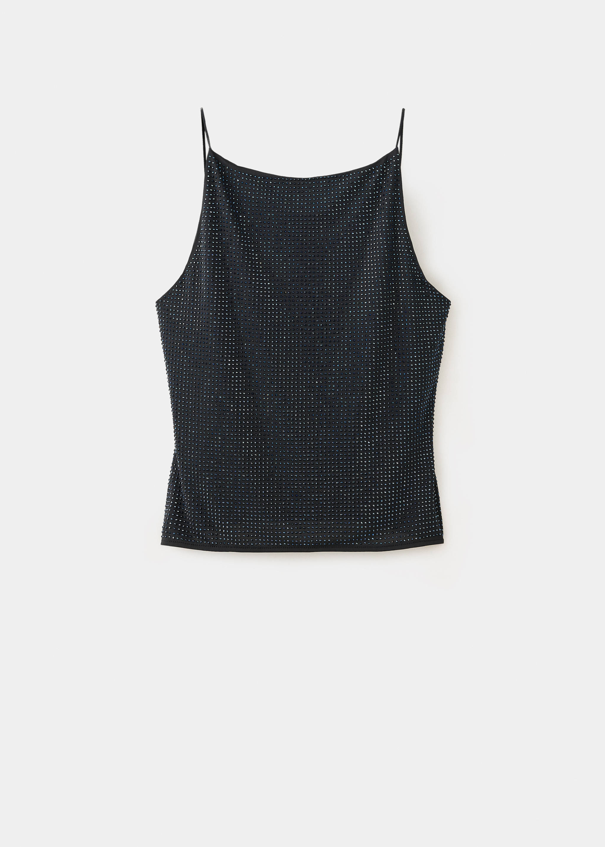 Black embellished top with thin straps and a square neckline.