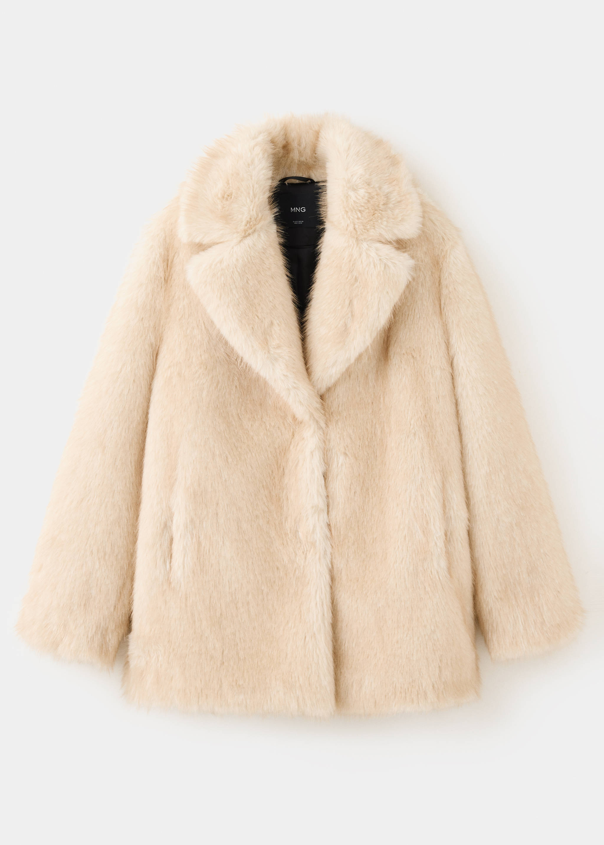 Cream faux-fur coat with lapel collar and long sleeves in a still-life shot.
