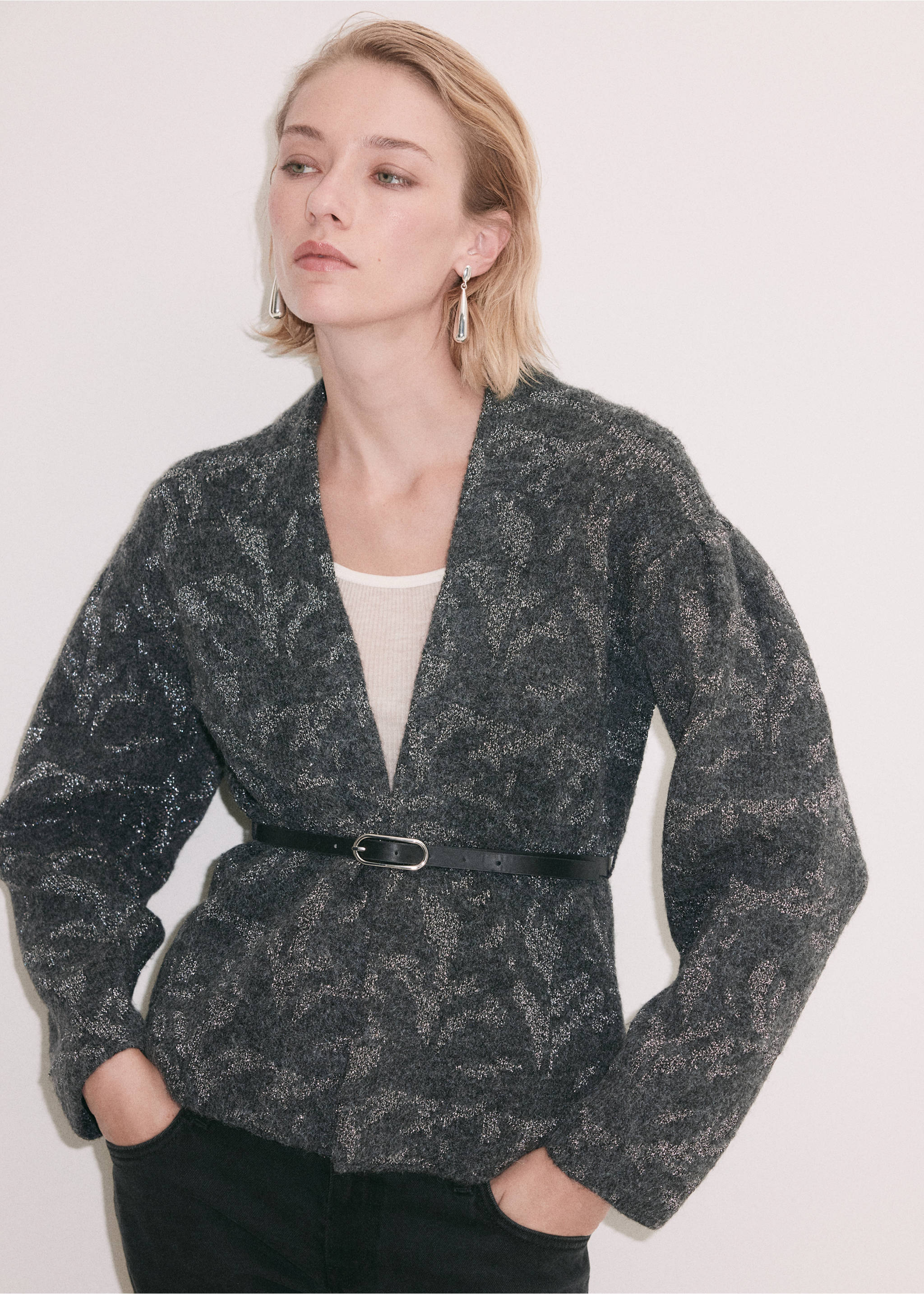 Dark grey metallic patterned knit cardigan with a V-neck and a slim black waist belt., Charcoal. Ref: 37069121-00.