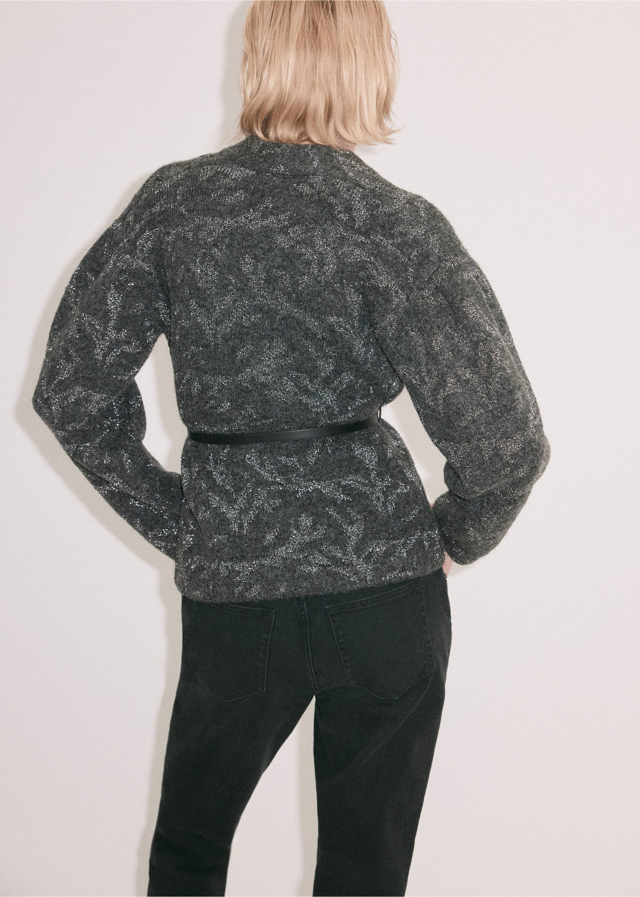 Dark grey metallic-patterned knit jacket, back view., Charcoal. Ref: 37069121-00.