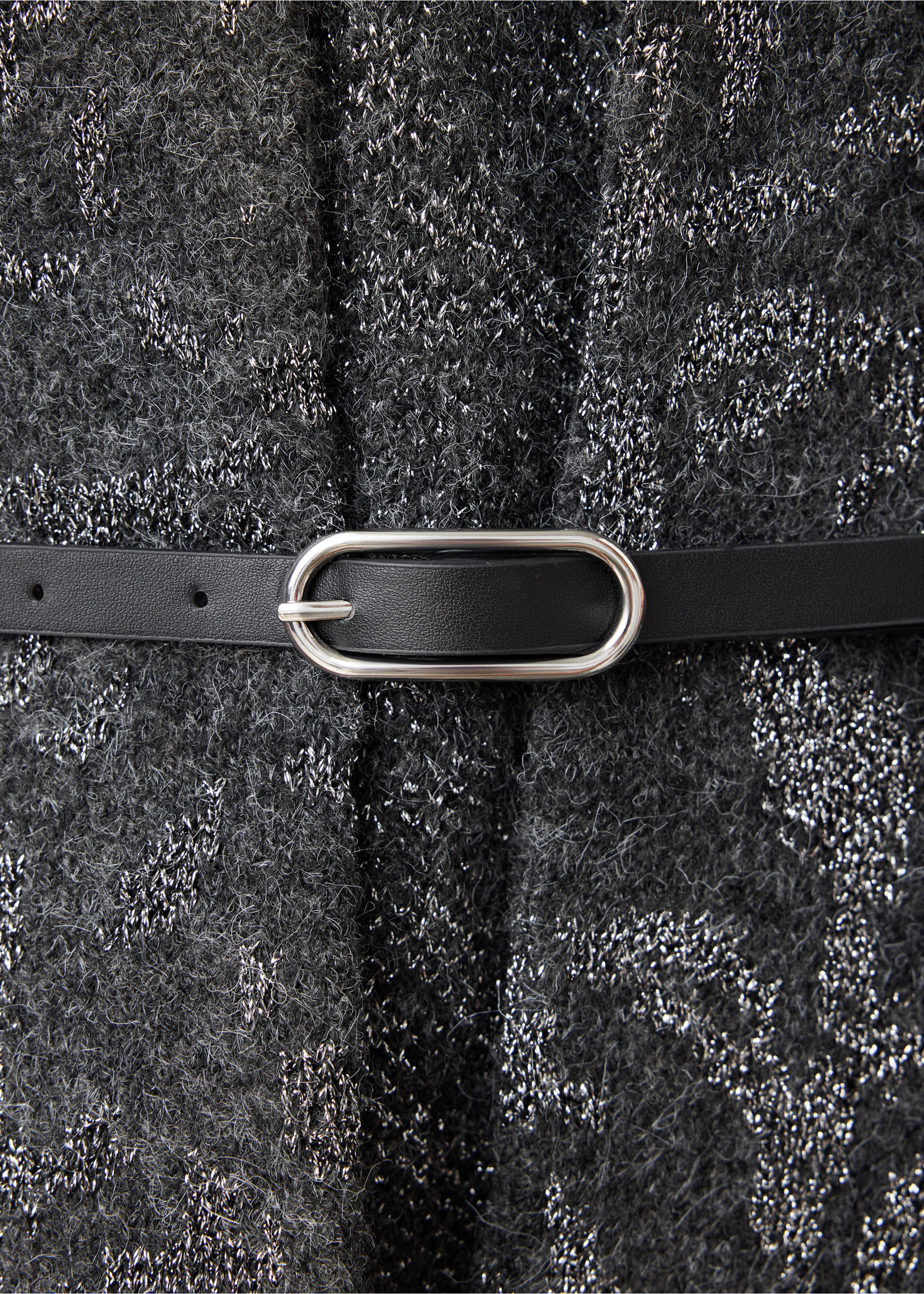 Grey metallic jacket detailed with a thin black belt and oval buckle., Charcoal. Ref: 37069121-00.