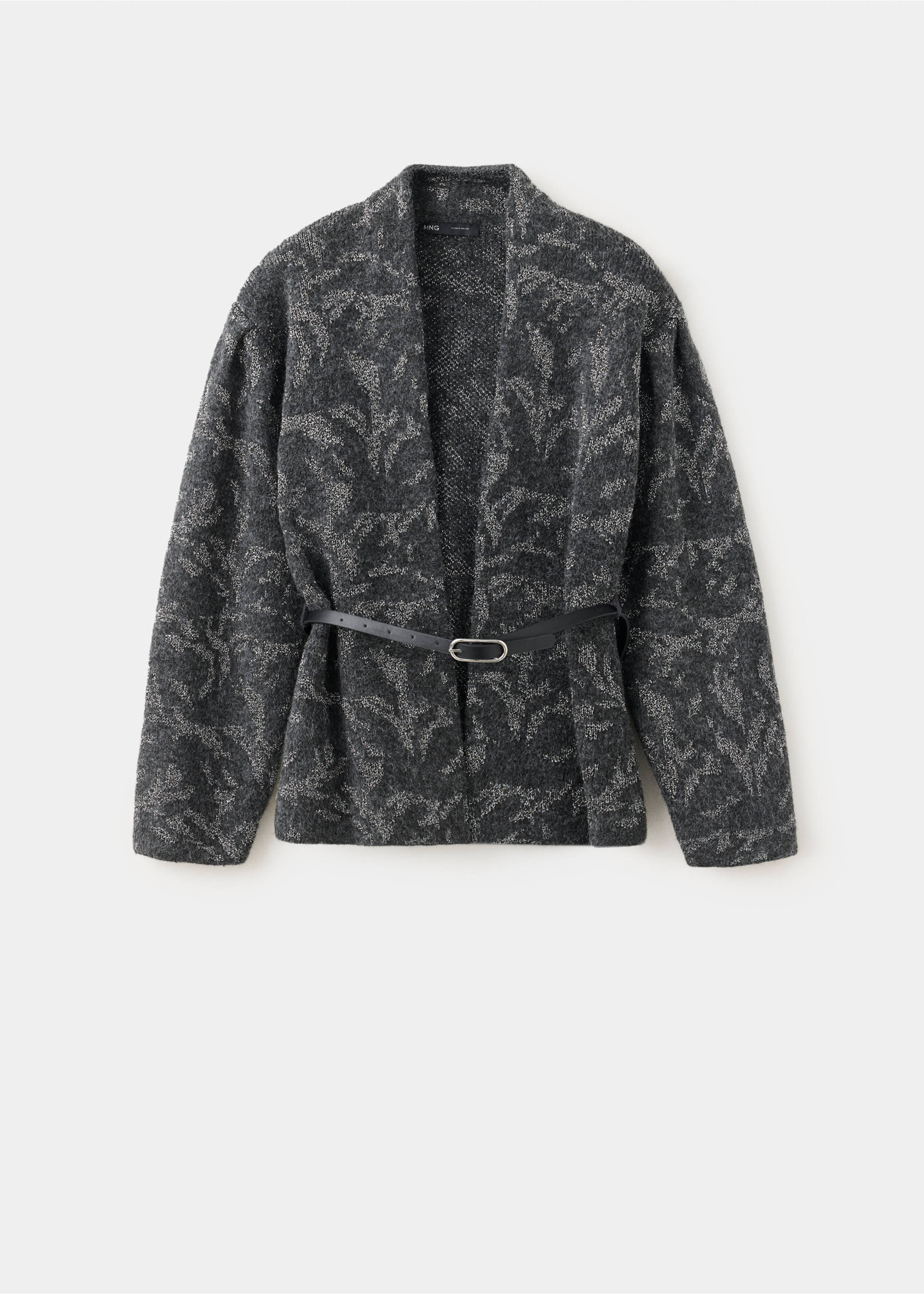 Dark grey patterned knit jacket with long sleeves and a thin black waist belt., Charcoal. Ref: 37069121-00.