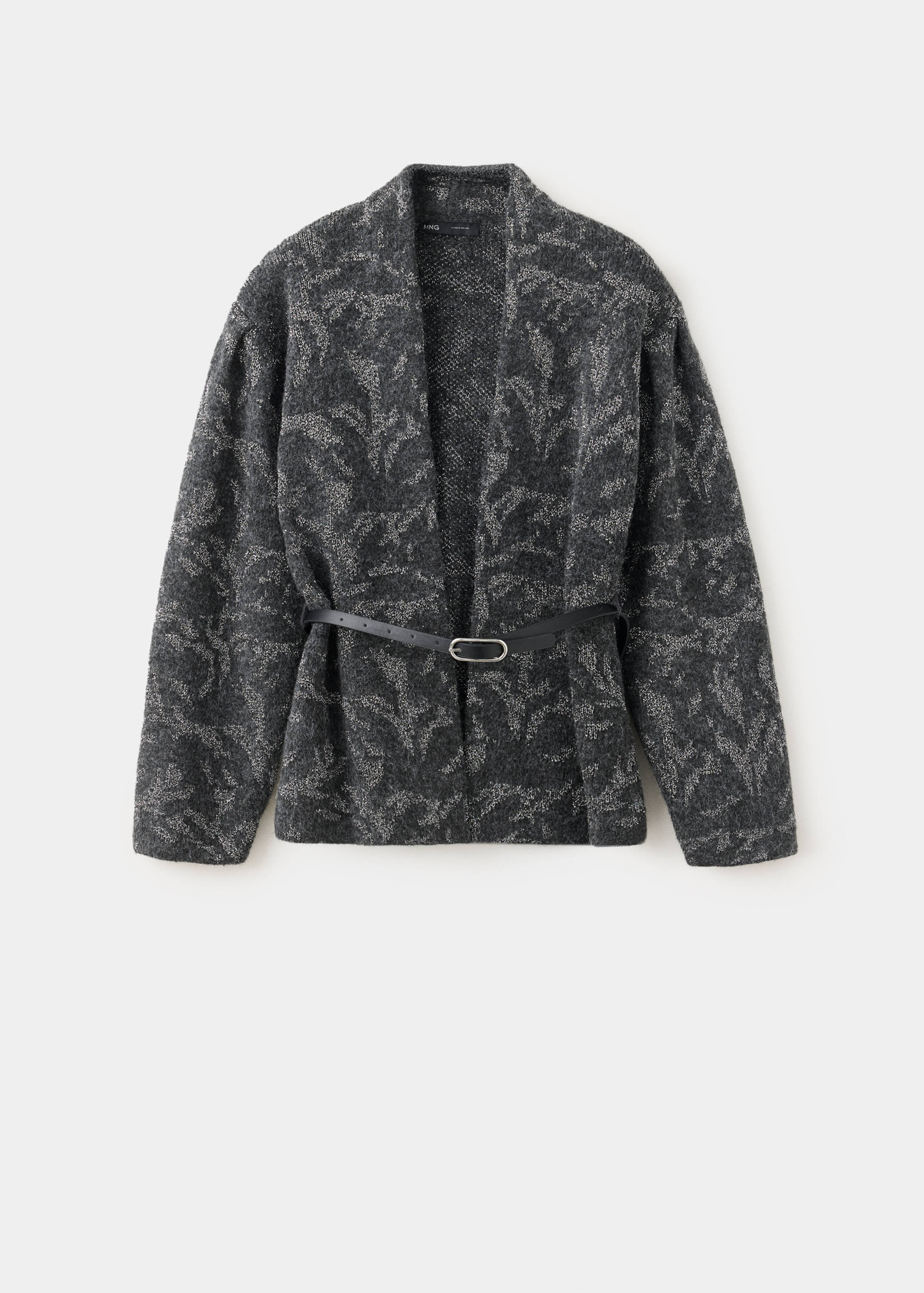 Dark grey patterned knit jacket with long sleeves and a thin black waist belt.