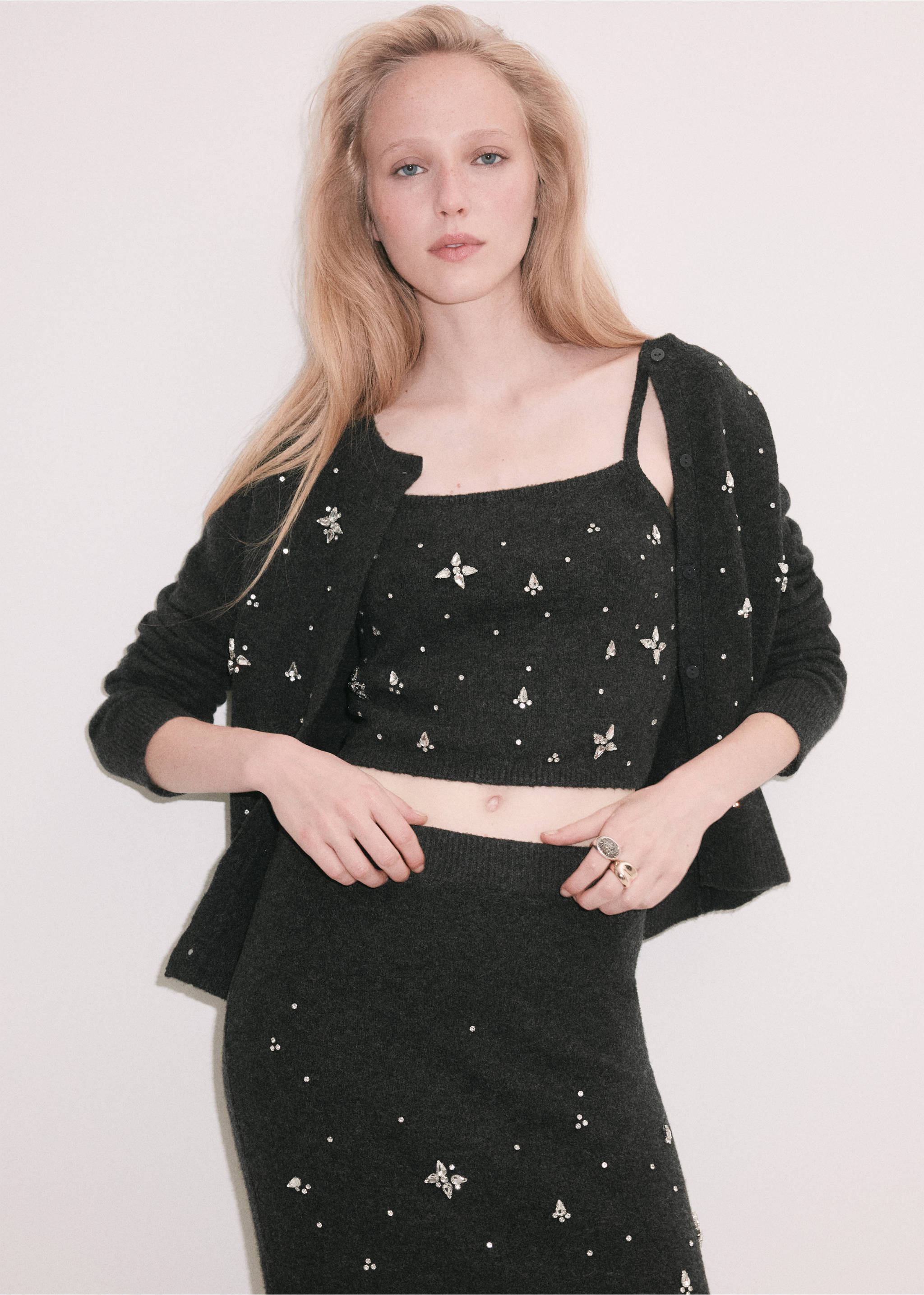 Dark grey knitted cropped camisole top with crystal embellishments, Charcoal. Ref: 37069125-00.