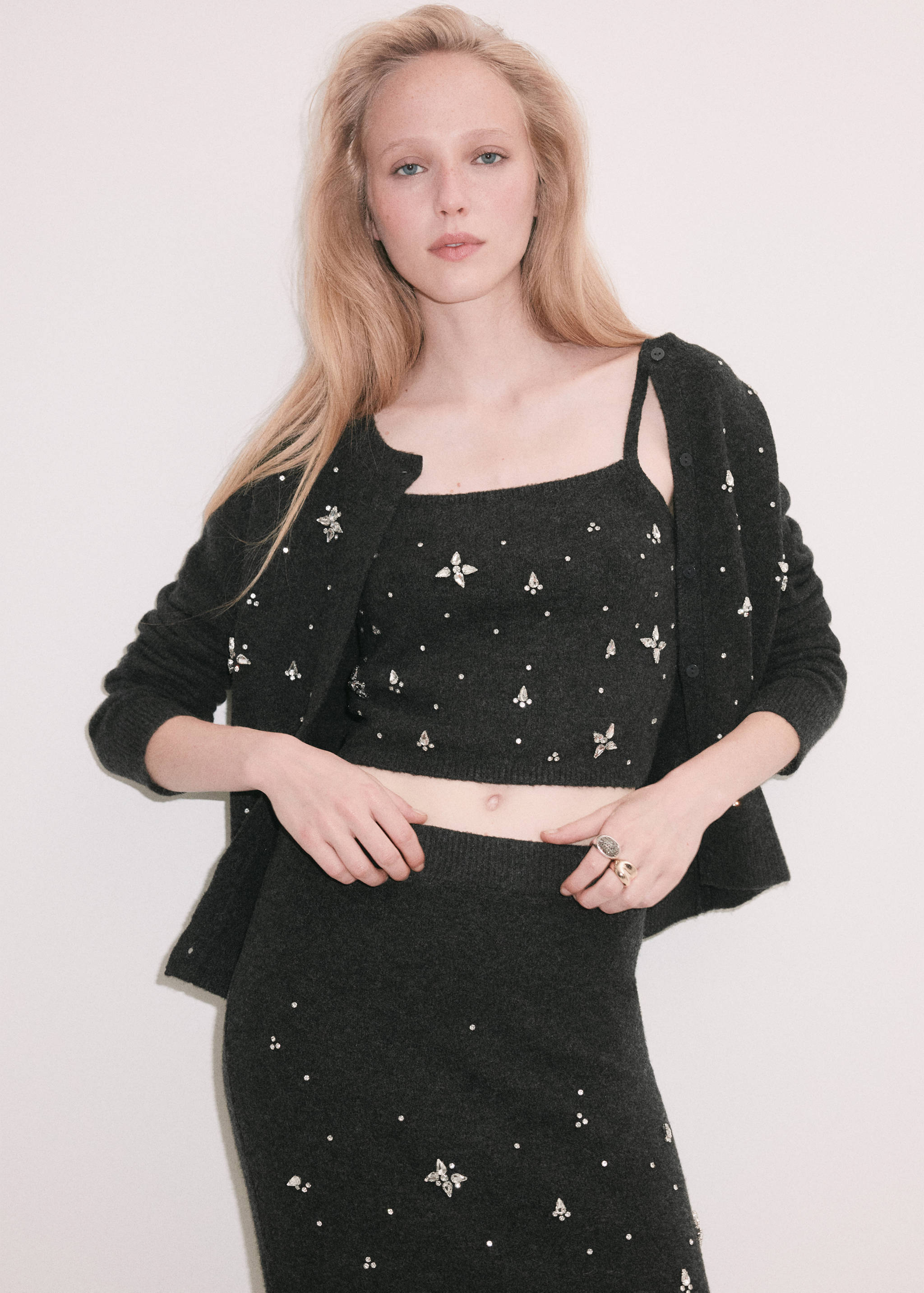 Dark grey knitted cropped camisole top with crystal embellishments