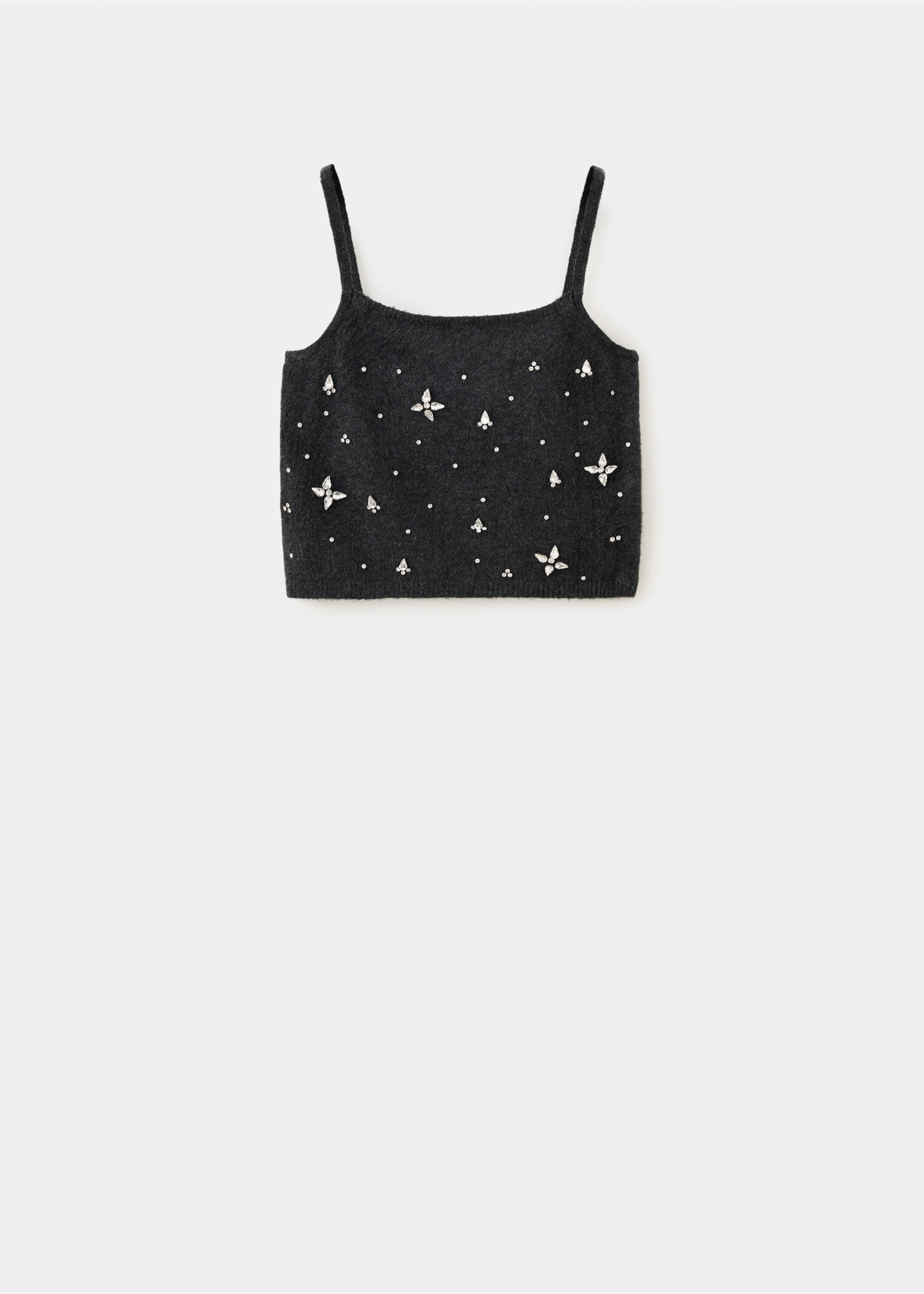 Dark grey knit cropped camisole top with thin straps and crystal embellishments., Charcoal. Ref: 37069125-00.