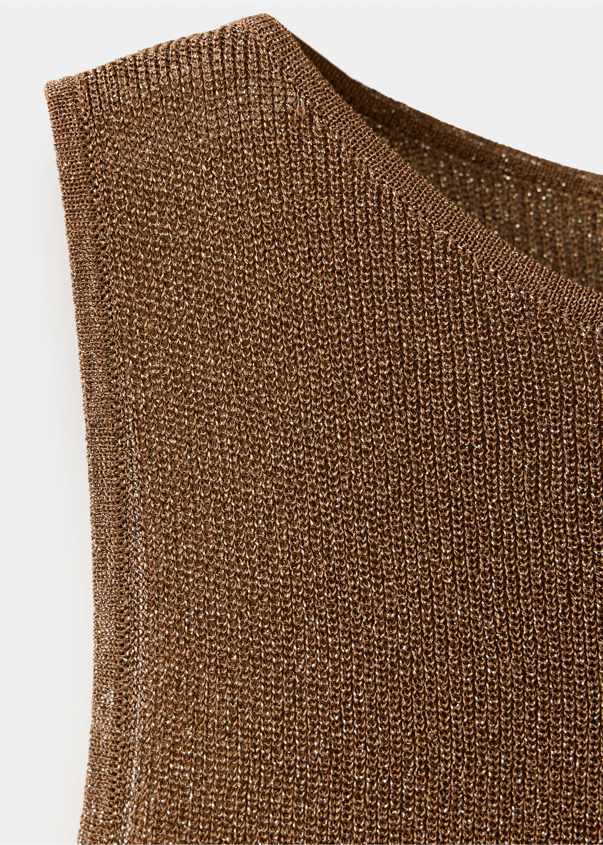 Close-up of a metallic brown knit top showing the textured fabric and neckline., Gold. Ref: 37069126-00.