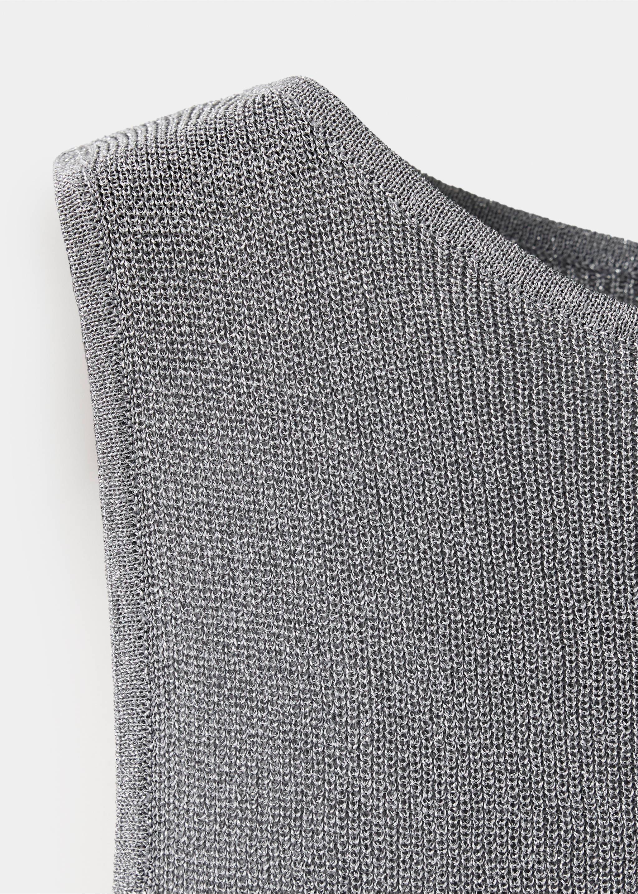Close-up of a grey metallic knit top showing the fine ribbed texture., Silver. Ref: 37069126-00.