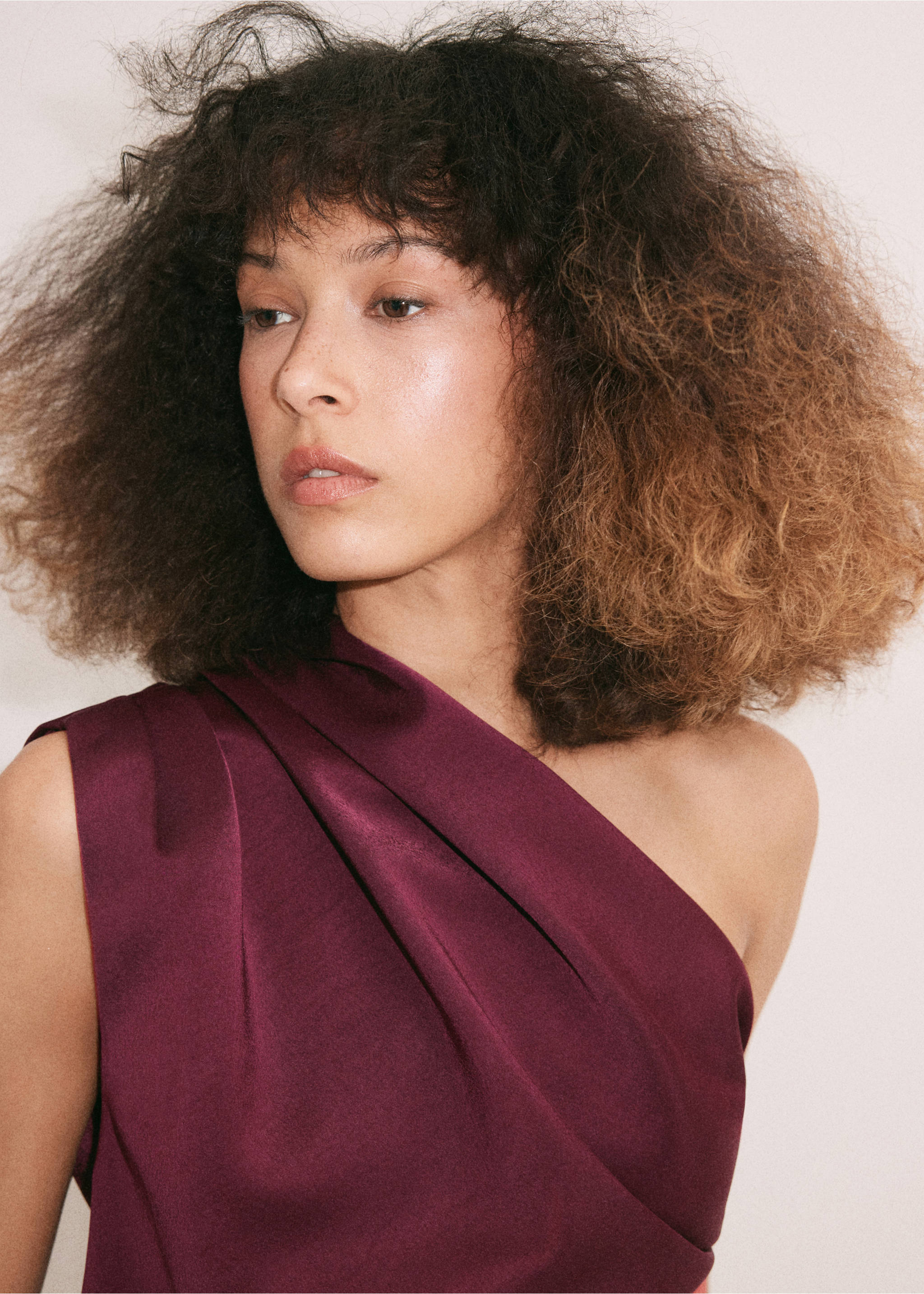 Plum satin one-shoulder blouse with draped detailing., Burgundy. Ref: 37069129-00.