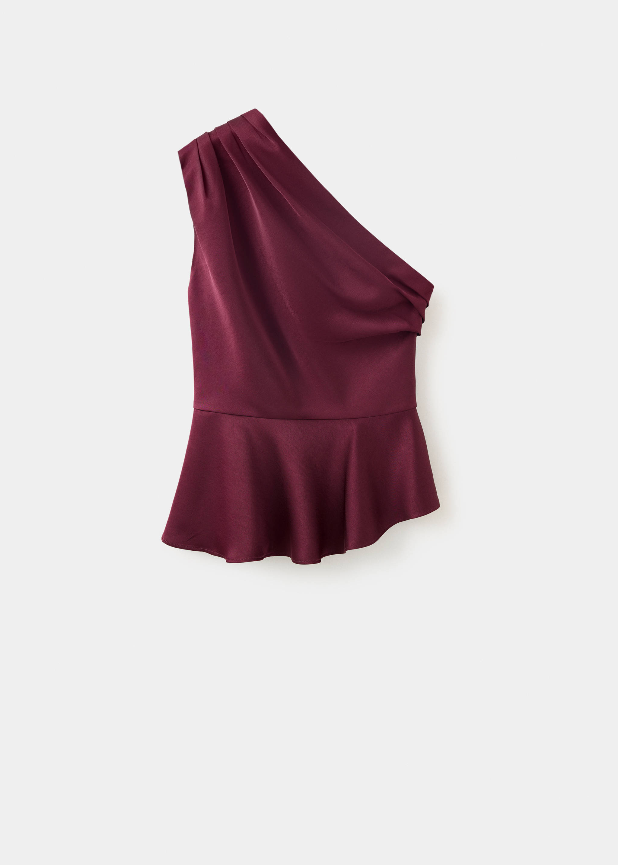 Maroon one-shoulder satin blouse with a gathered bodice and flared peplum hem.