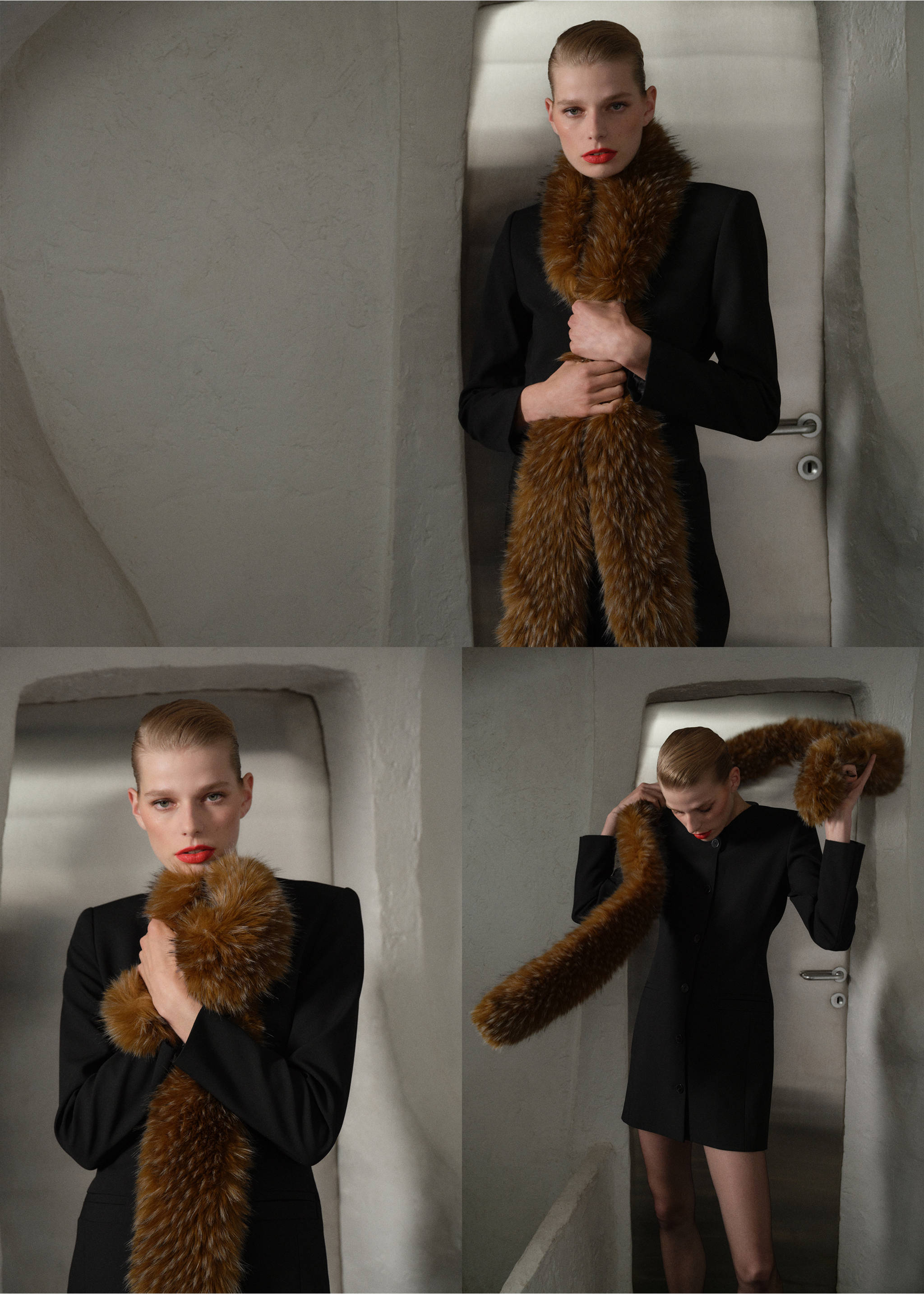 Model wearing a black dress and a brown faux-fur scarf across three views., Black. Ref: 37069130-00.