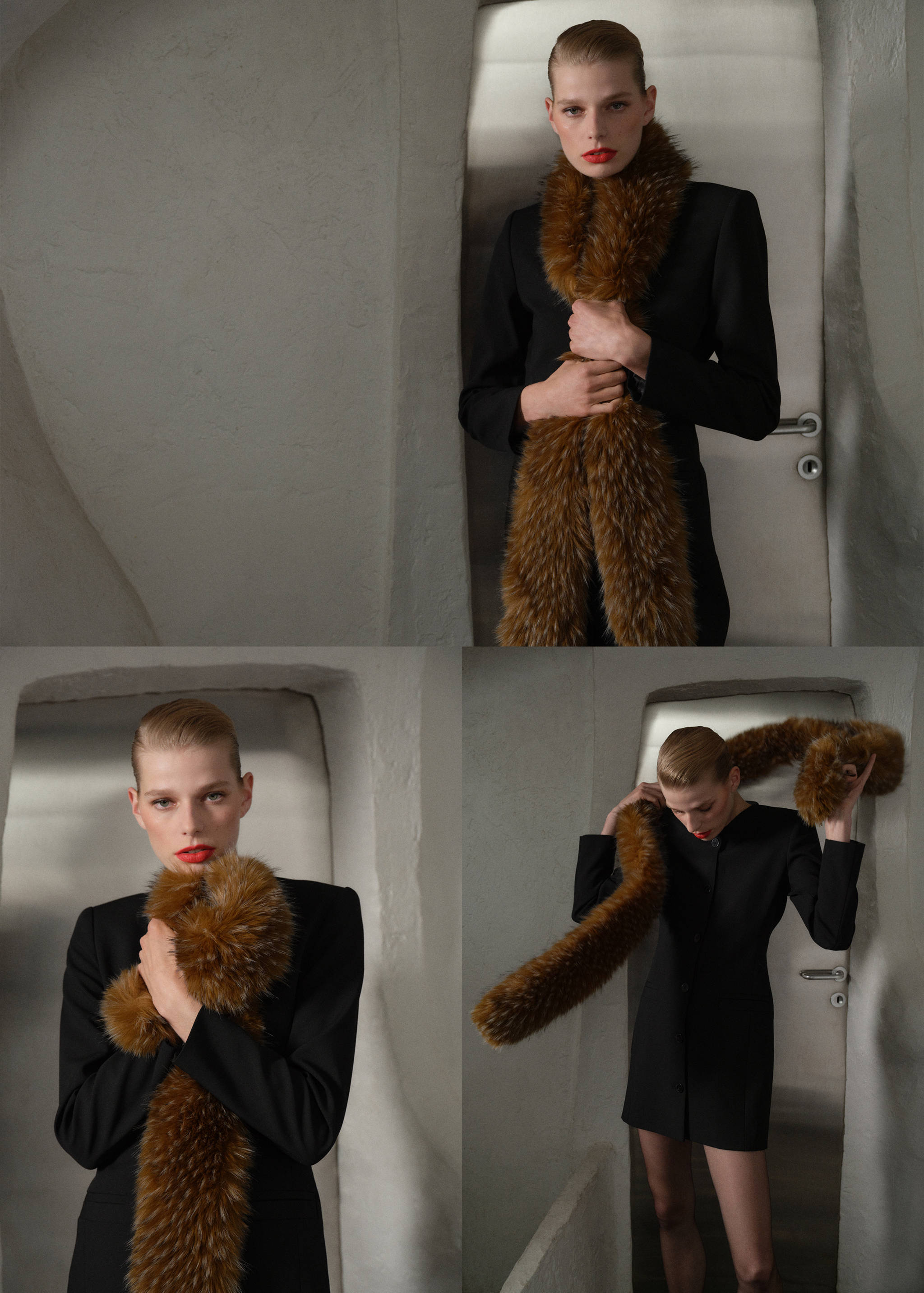 Model wearing a black dress and a brown faux-fur scarf across three views.