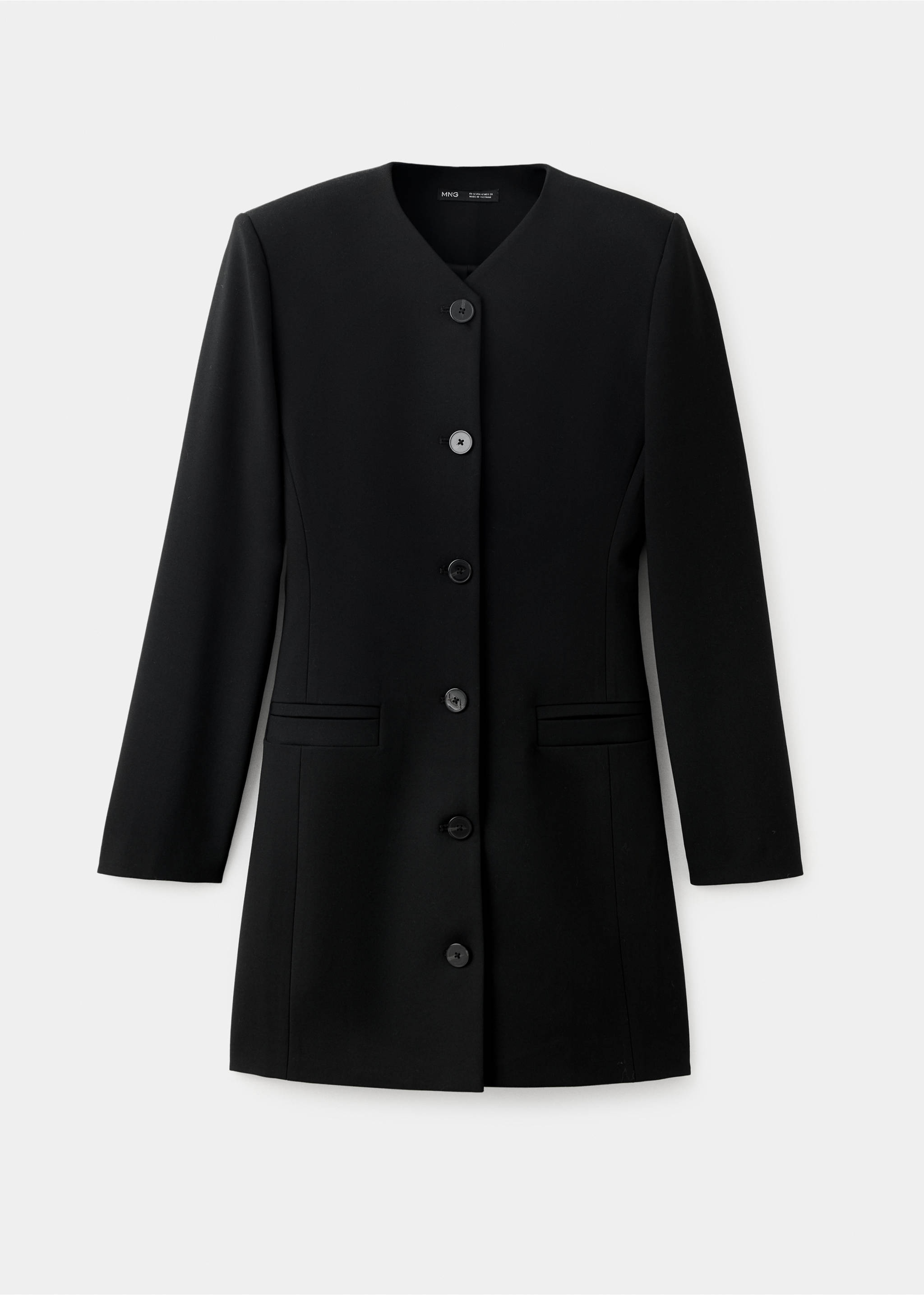 Black button-front blazer dress with a V-neck and long sleeves., Black. Ref: 37069130-00.