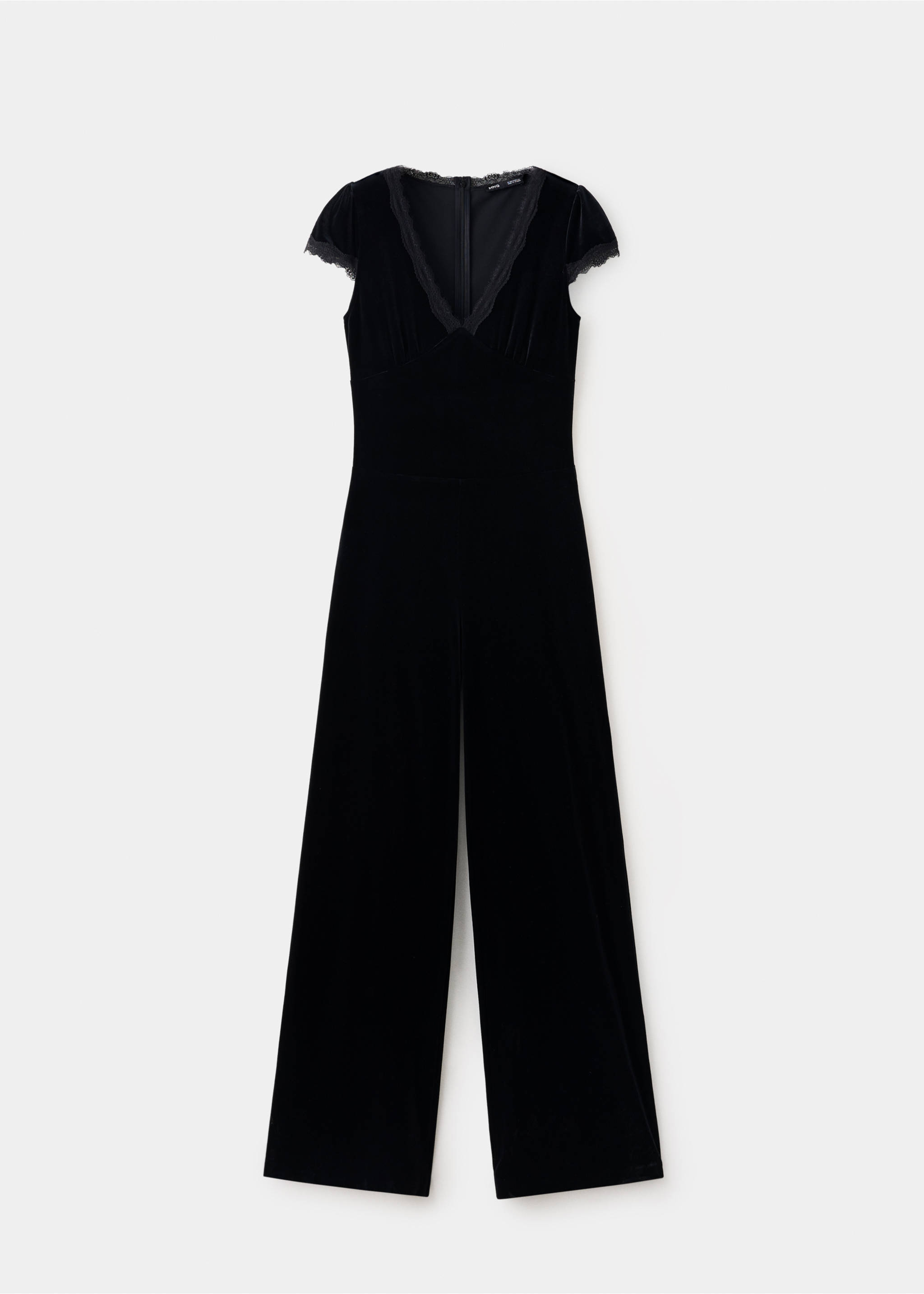 Black velvet jumpsuit with cap sleeves and a lace-trimmed V-neck., Black. Ref: 37069131-00.