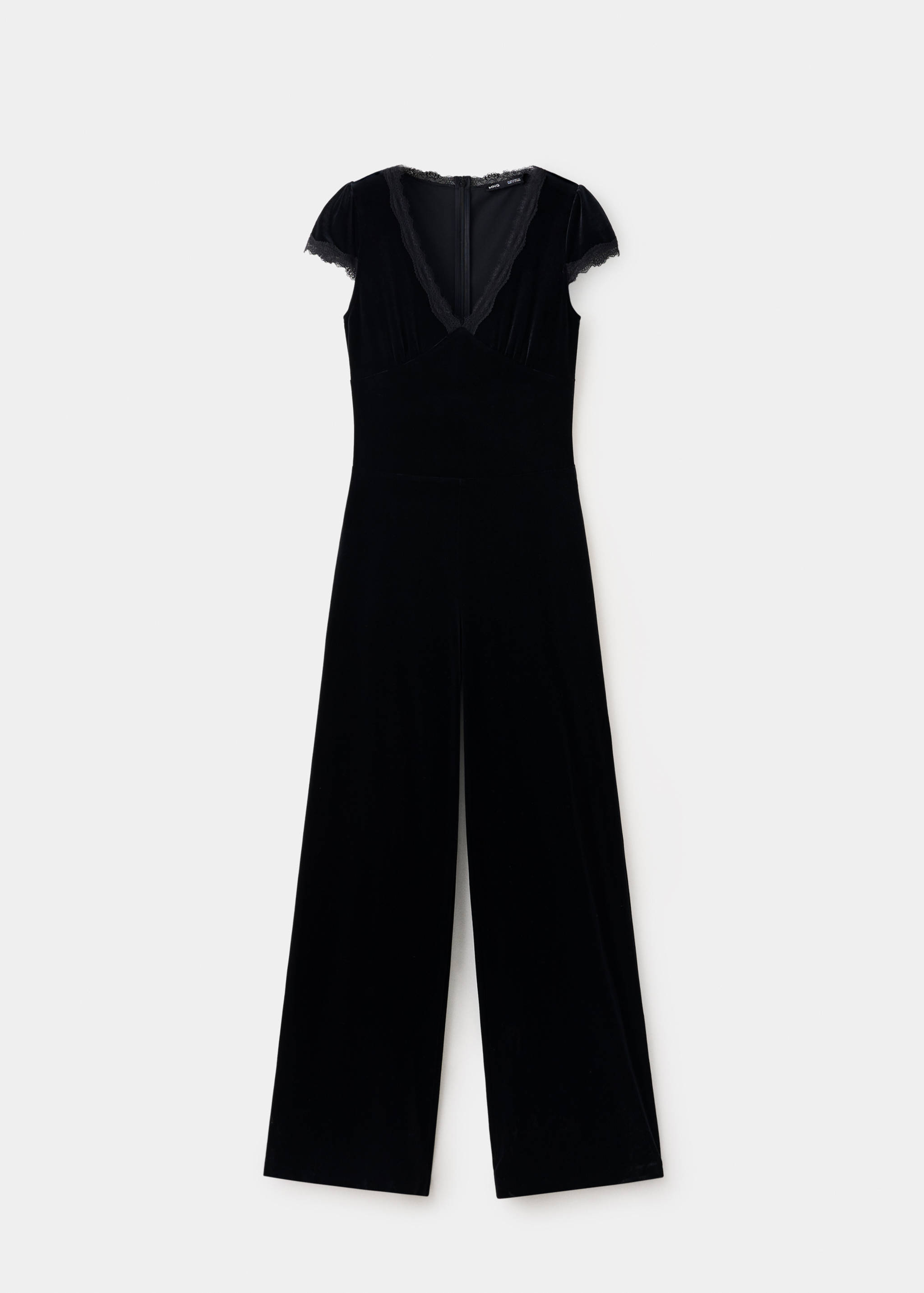 Black velvet jumpsuit with cap sleeves and a lace-trimmed V-neck.