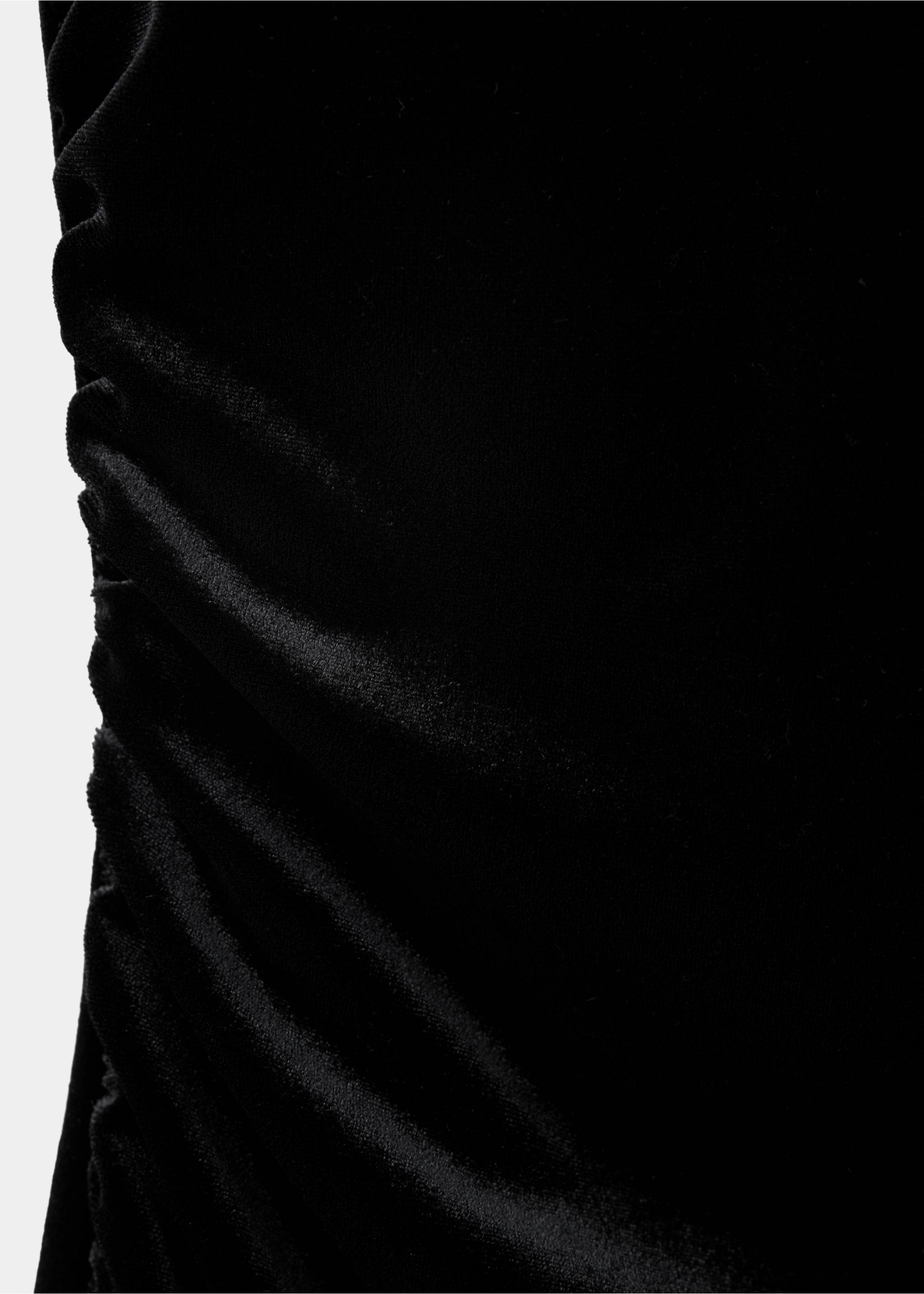 Close-up of a black velvet dress featuring ruched side detail., Black. Ref: 37069132-00.