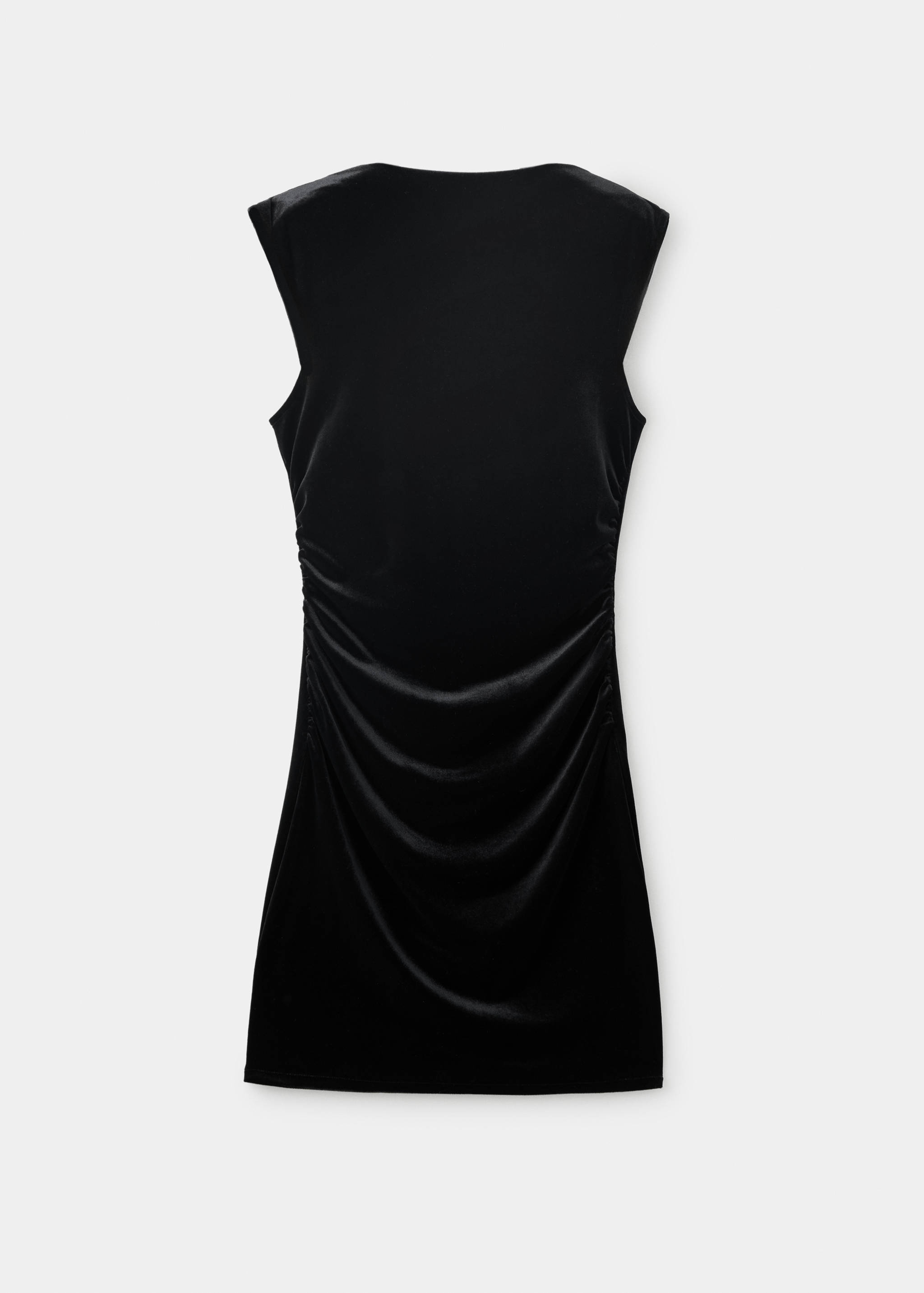 Black sleeveless velvet dress with side ruching, back view.