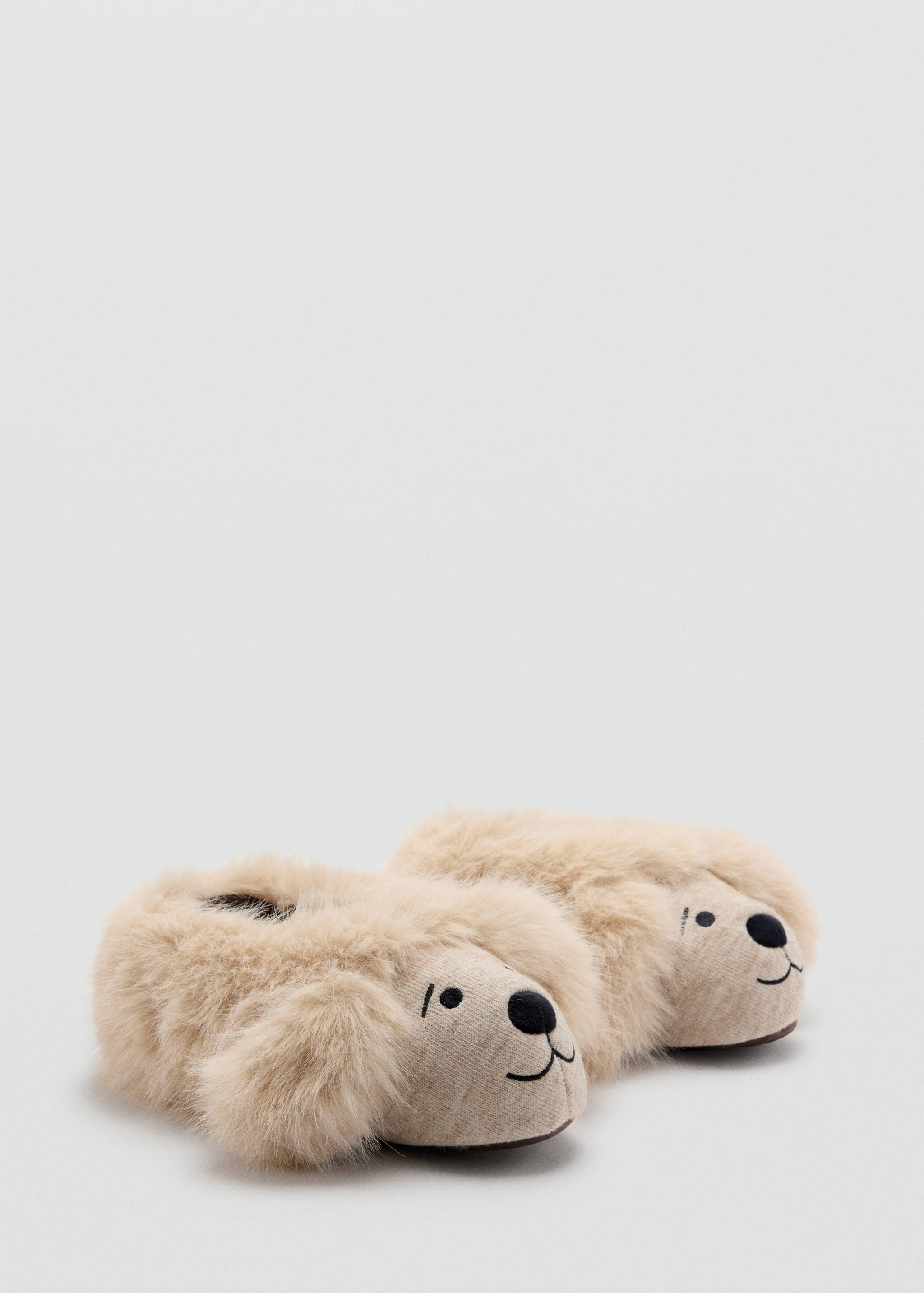 Light beige kids' puppy slippers with fluffy faux-fur and embroidered facial details.