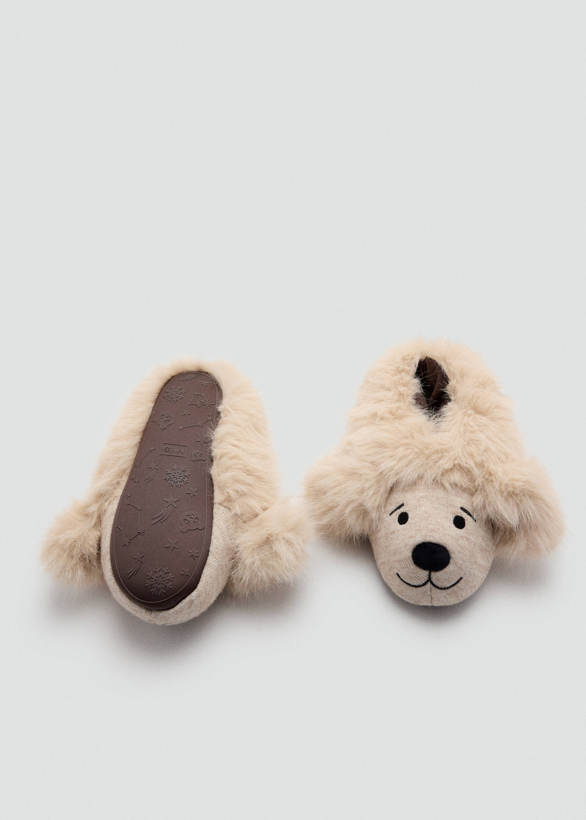 Beige faux-fur children's novelty slippers featuring a dog face design.