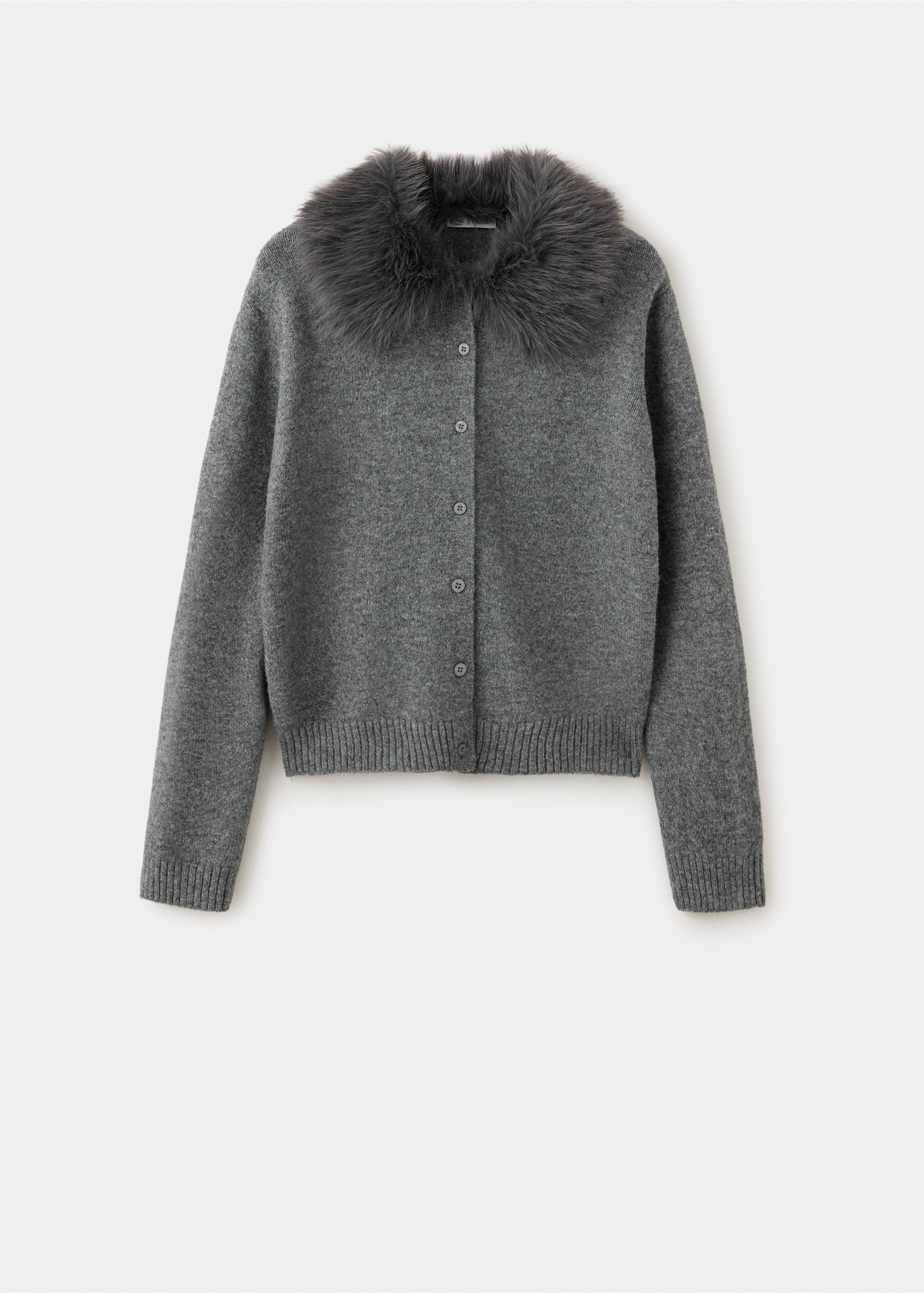 Dark grey knit cardigan with a fluffy faux-fur collar and front buttons., Medium Heather Grey. Ref: 37069134-00.