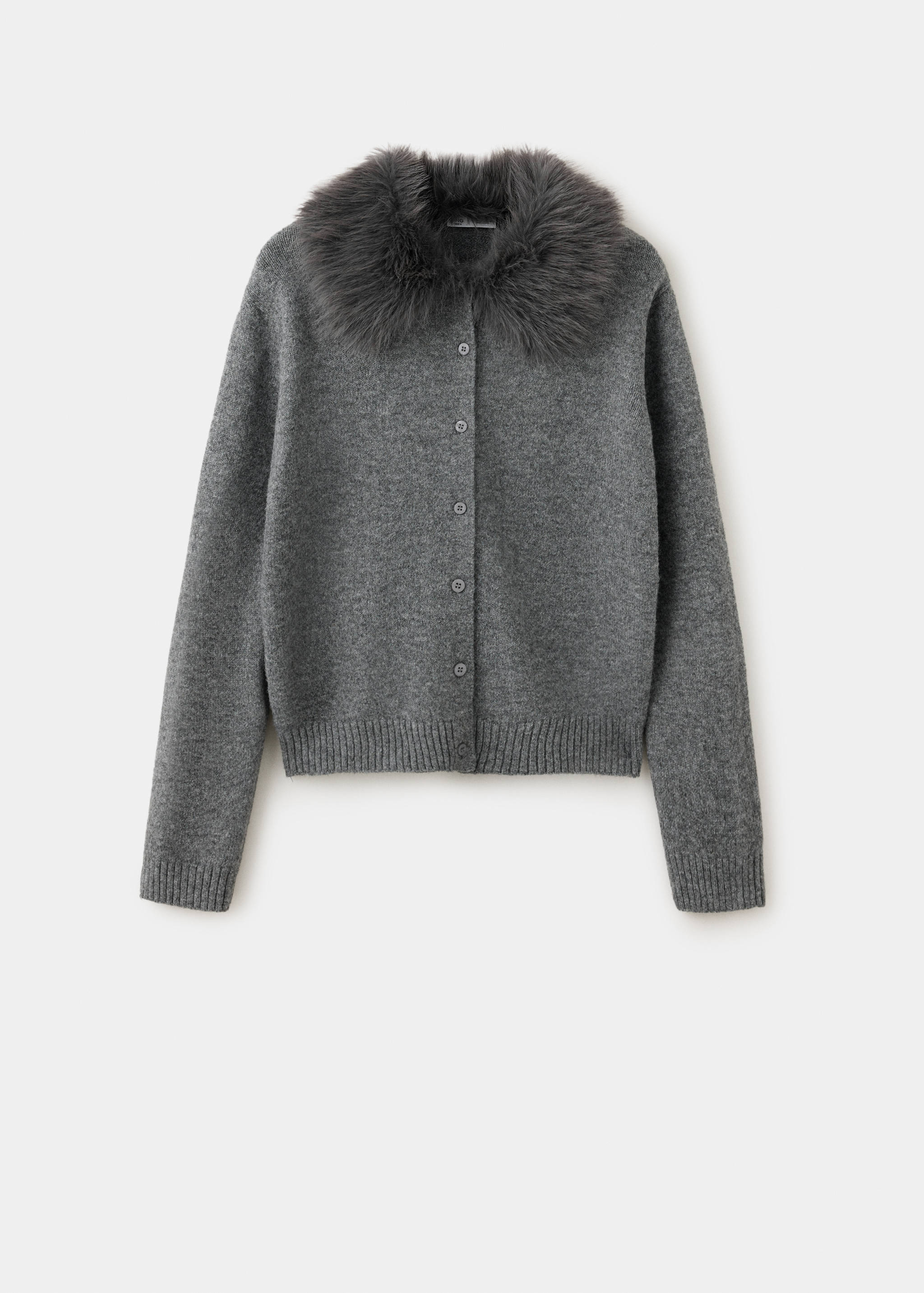 Dark grey knit cardigan with a fluffy faux-fur collar and front buttons.